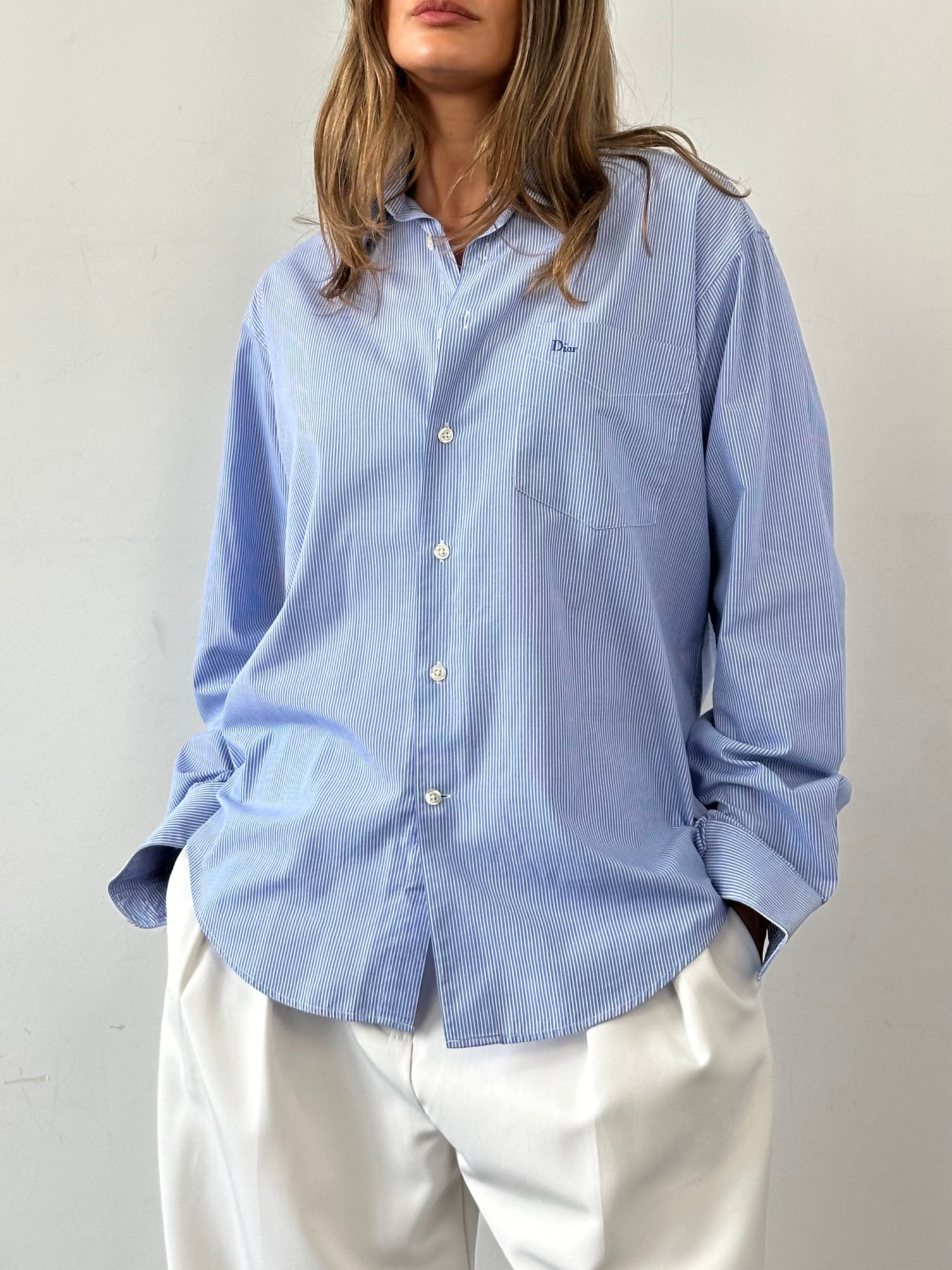 Christian Dior Monsieur cotton stripe logo shirt in M/L, featuring classic striped pattern and Dior branding on the chest.