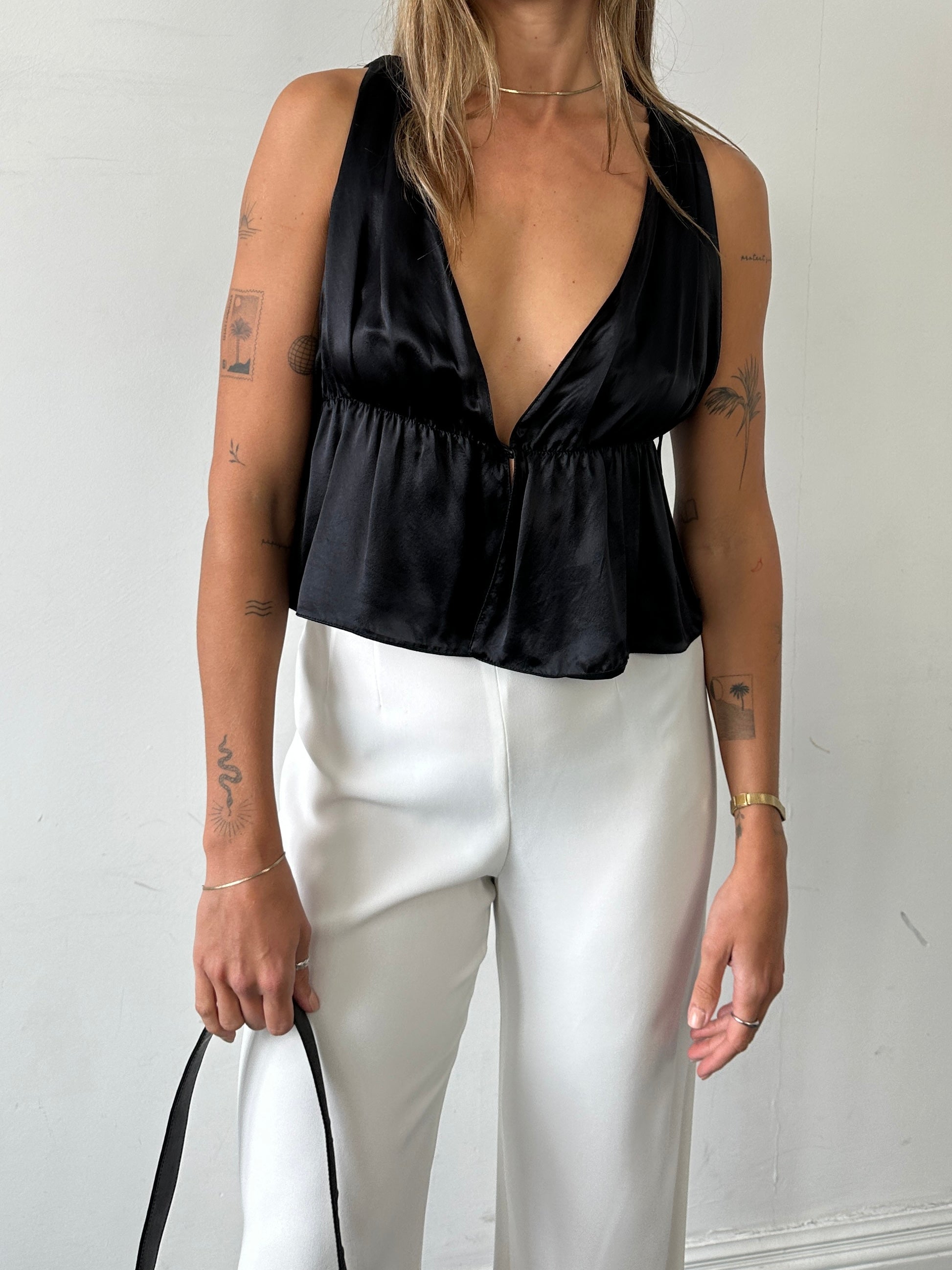 Emporio Armani pure silk ruched tank top in black, featuring a fitted design and adjustable straps.