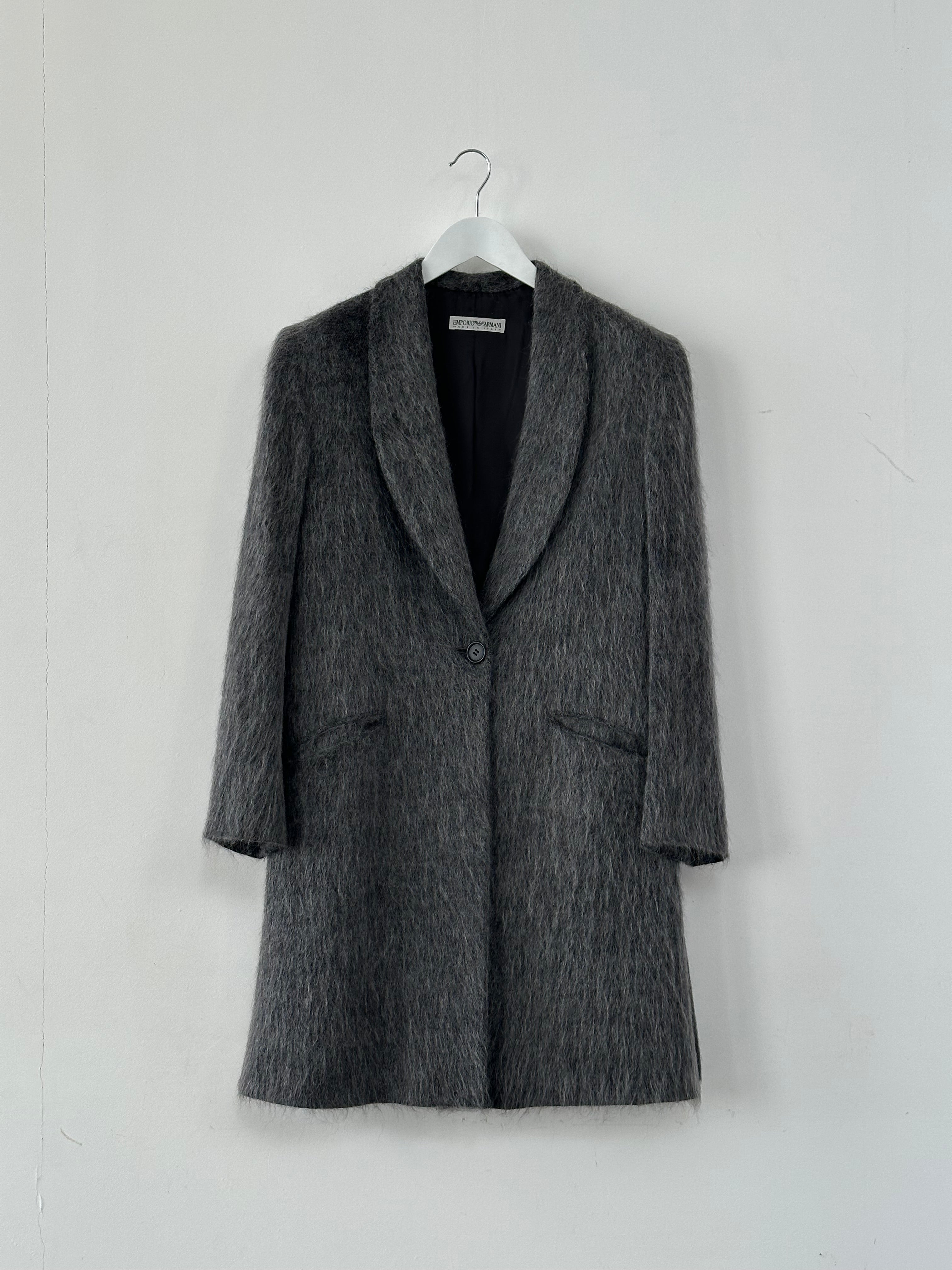 Emporio Armani fuzzy wool mohair single-breasted coat in size M, featuring a classic design and textured fabric.
