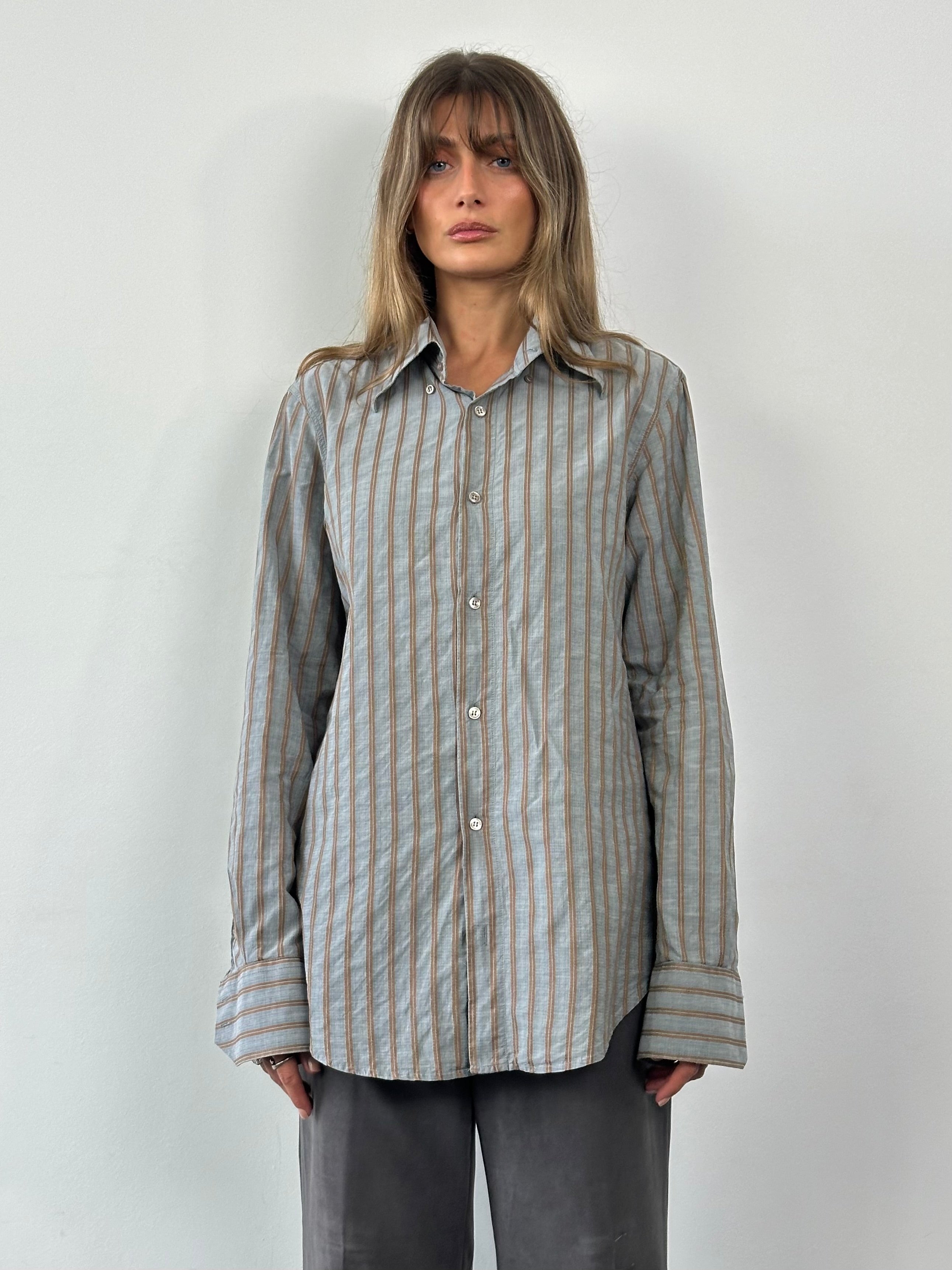 Armani Jeans stripe pure cotton logo shirt in size large, featuring a classic design with bold stripes and a subtle Armani logo.