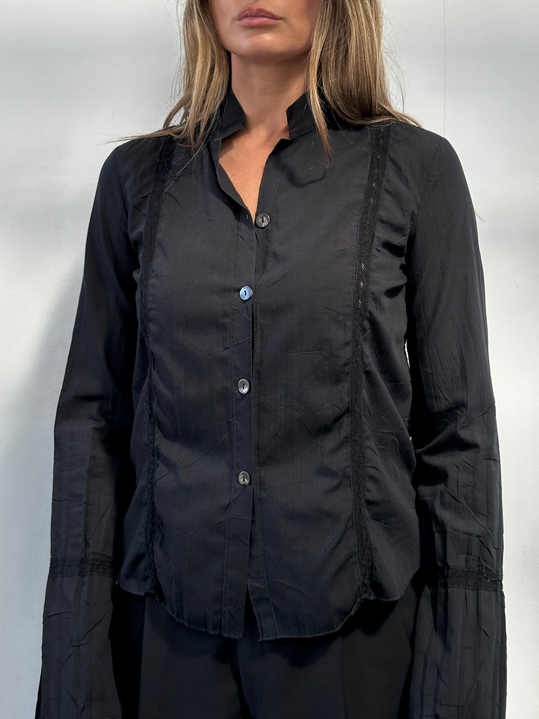 Armani Collezioni pleated lace panel shirt in size S, featuring a stylish design with pleats and lace accents.