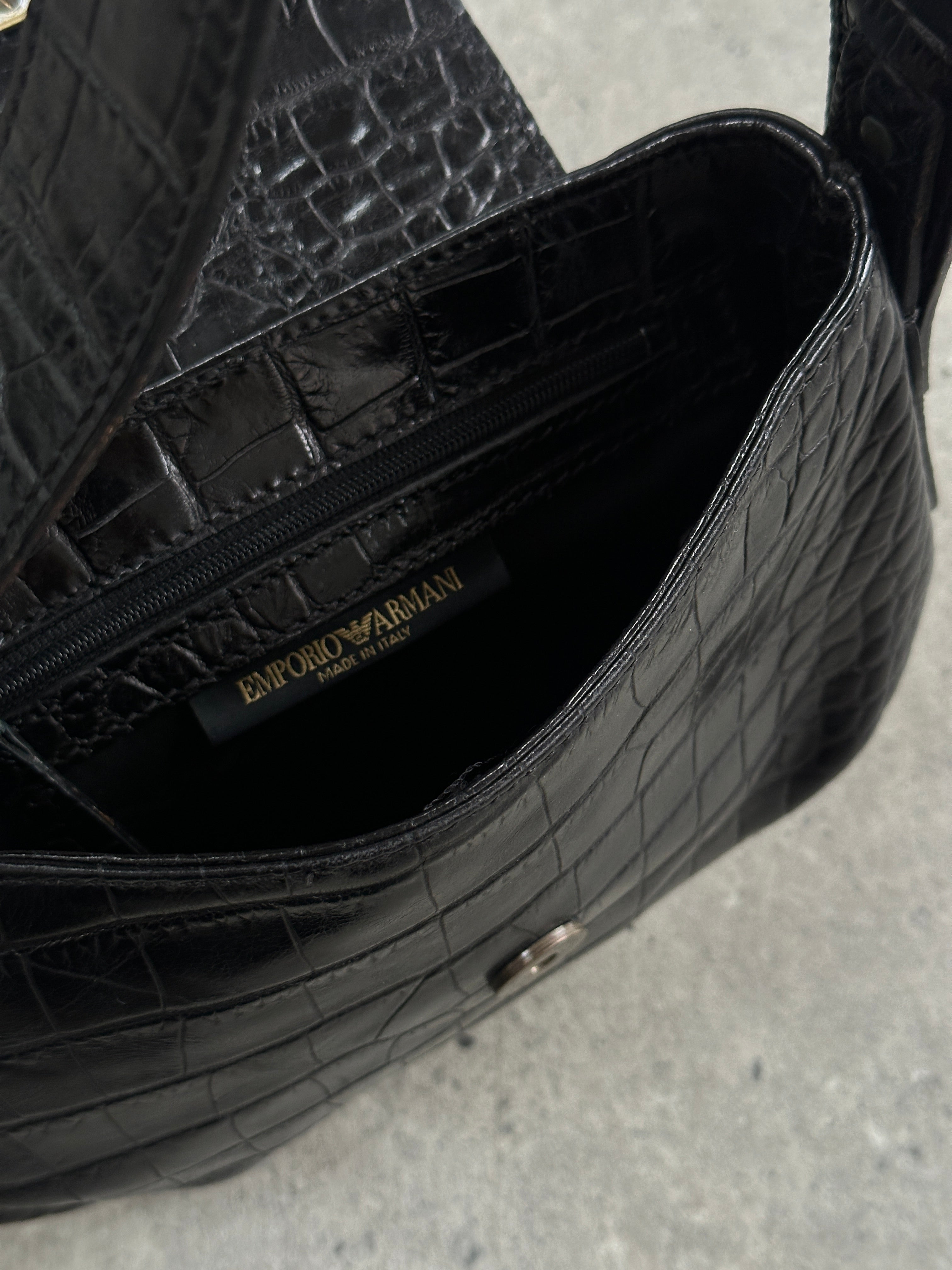 Emporio Armani 1990s crocodile leather shoulder bag with hardware details, stylish and luxurious accessory for women.