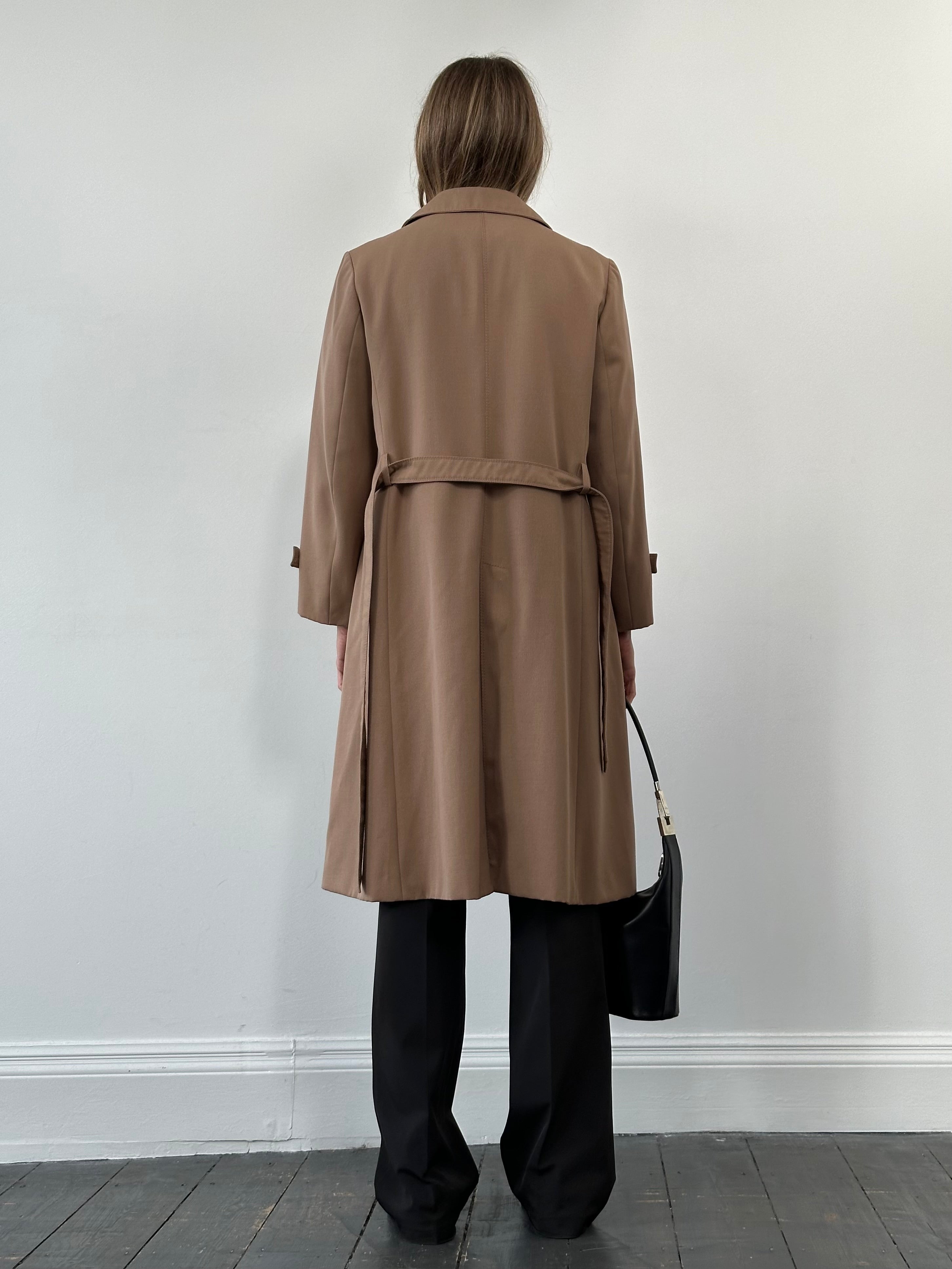 Vintage pure virgin wool double-breasted belted trench coat in size M, featuring classic design and tailored fit.