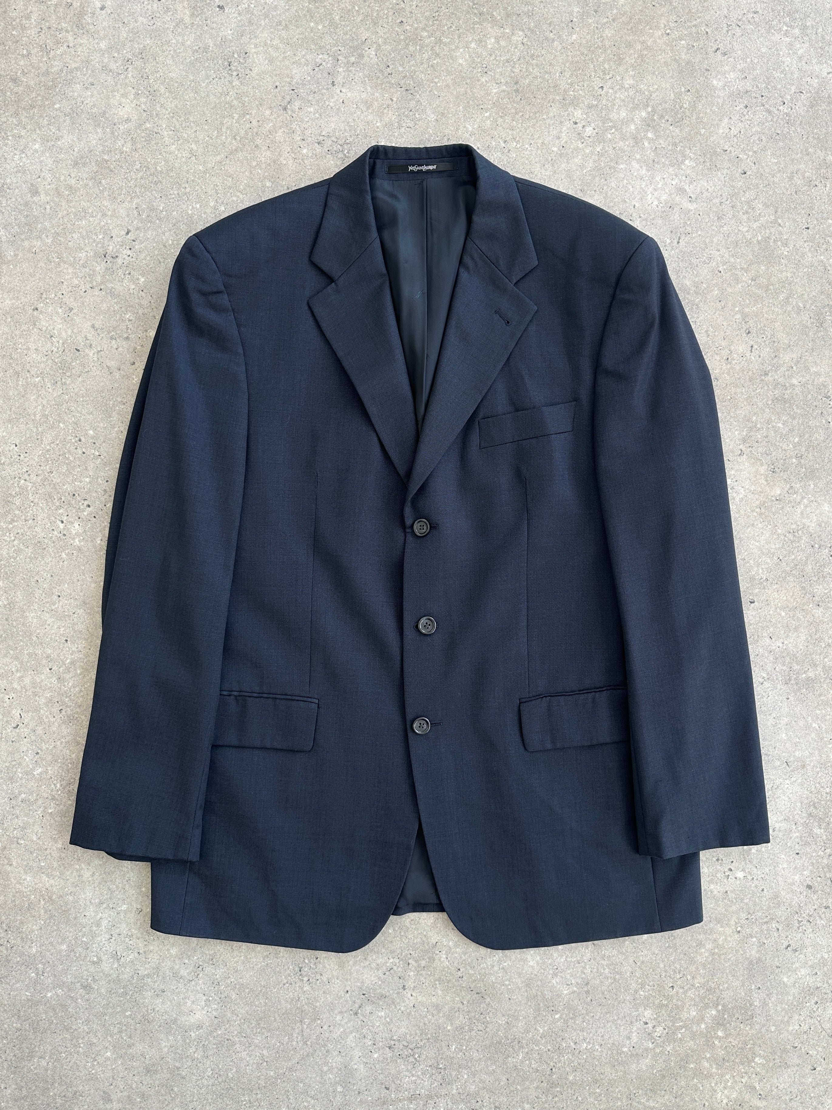 Yves Saint Laurent Pour Homme 1990s pure wool single-breasted blazer in size 42R/XL, tailored fit with classic lapel style.