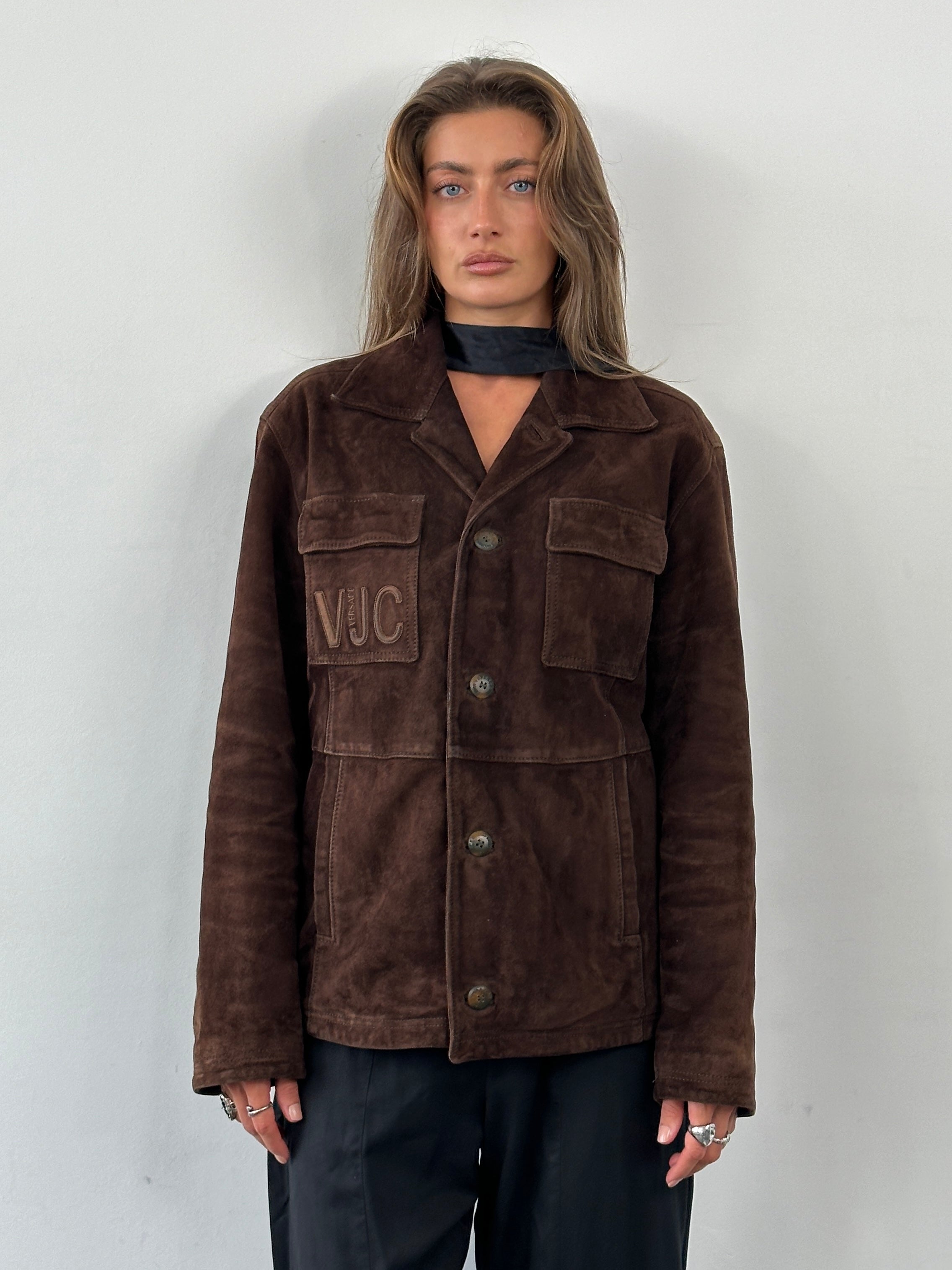 Versace Jeans Couture 1990s suede logo jacket in size L, featuring classic design and signature branding details.