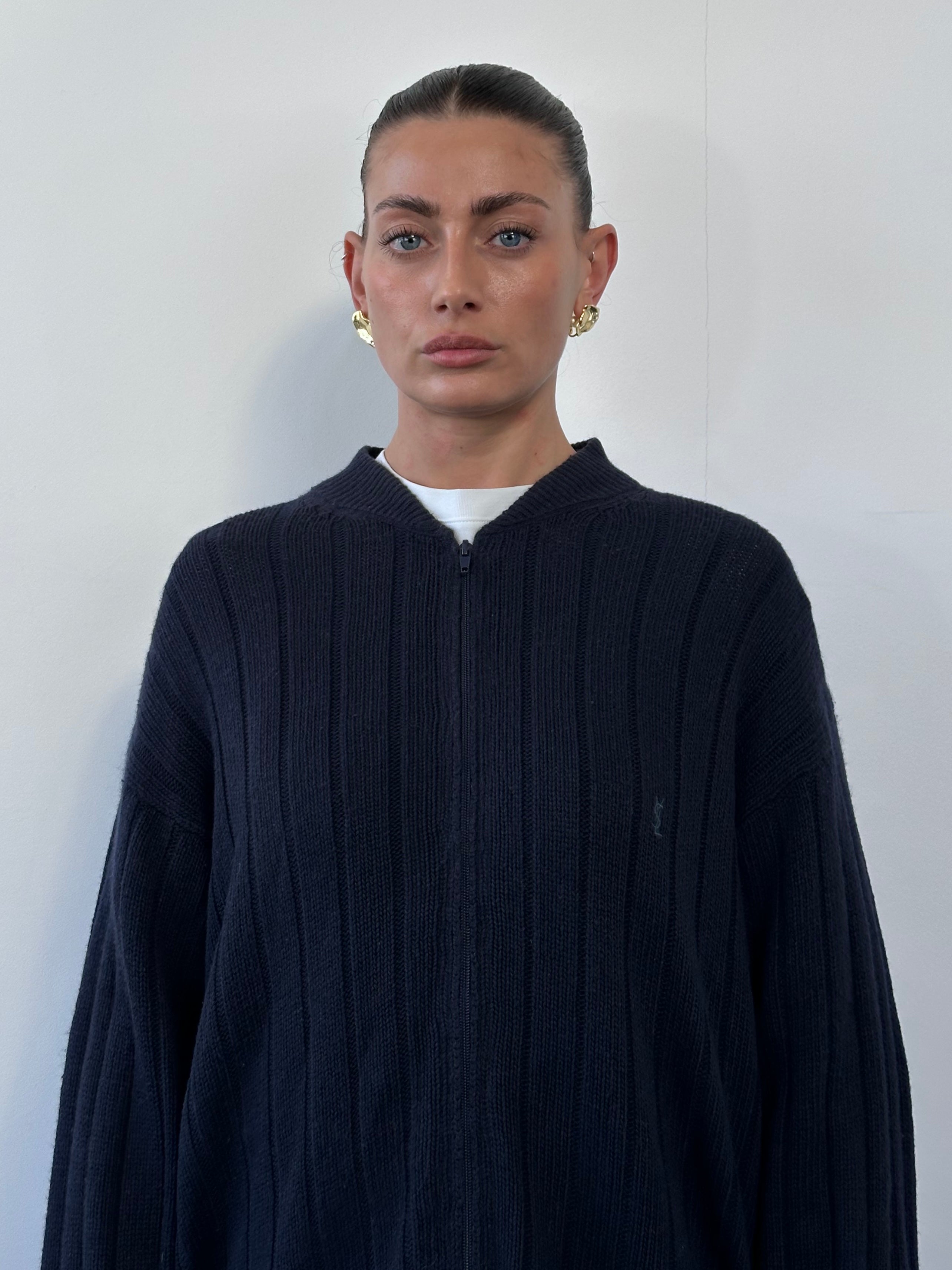 Yves Saint Laurent Pour Homme lambswool knitted cardigan in XXL, featuring a logo on the front in a cozy, stylish design.
