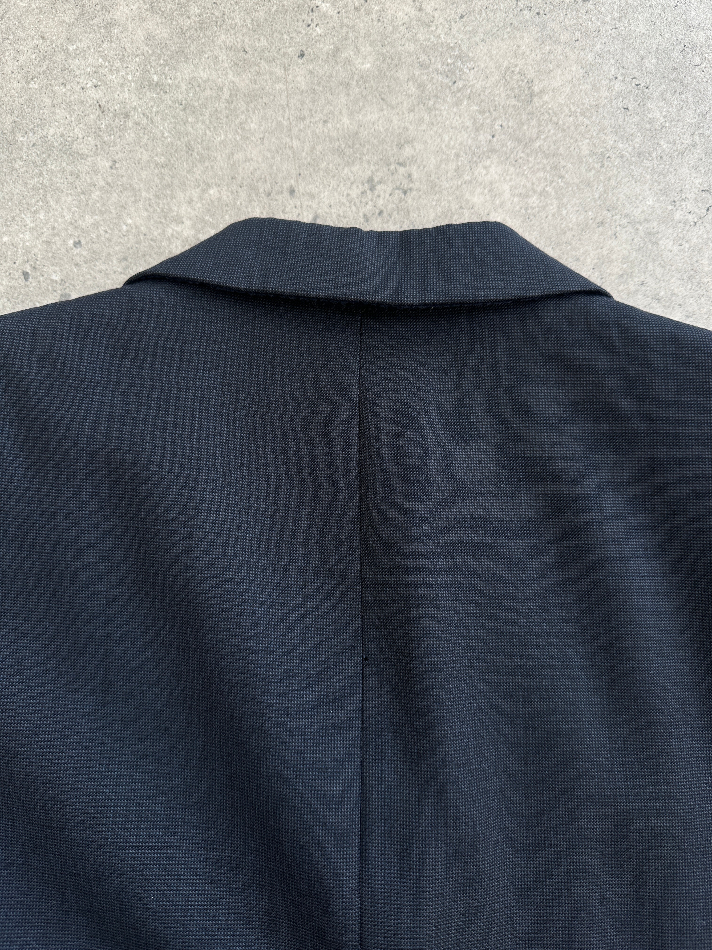 Yves Saint Laurent Pour Homme 1990s pure wool single-breasted blazer, size 42R/XL, shown on a hanger with detailed fabric texture.