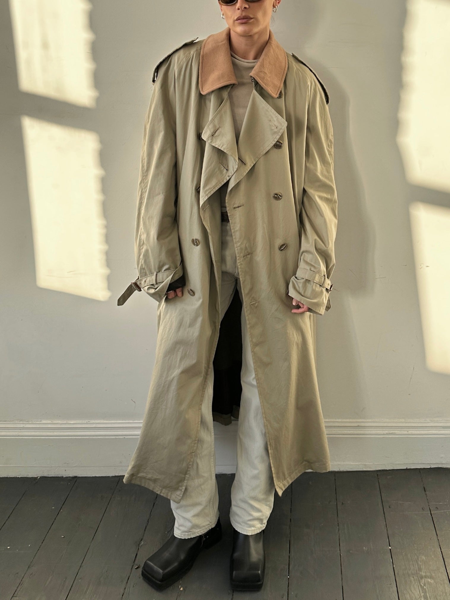 Christian Dior double-breasted pure cotton floor-length trench coat in XXL, shown hanging with classic design details.