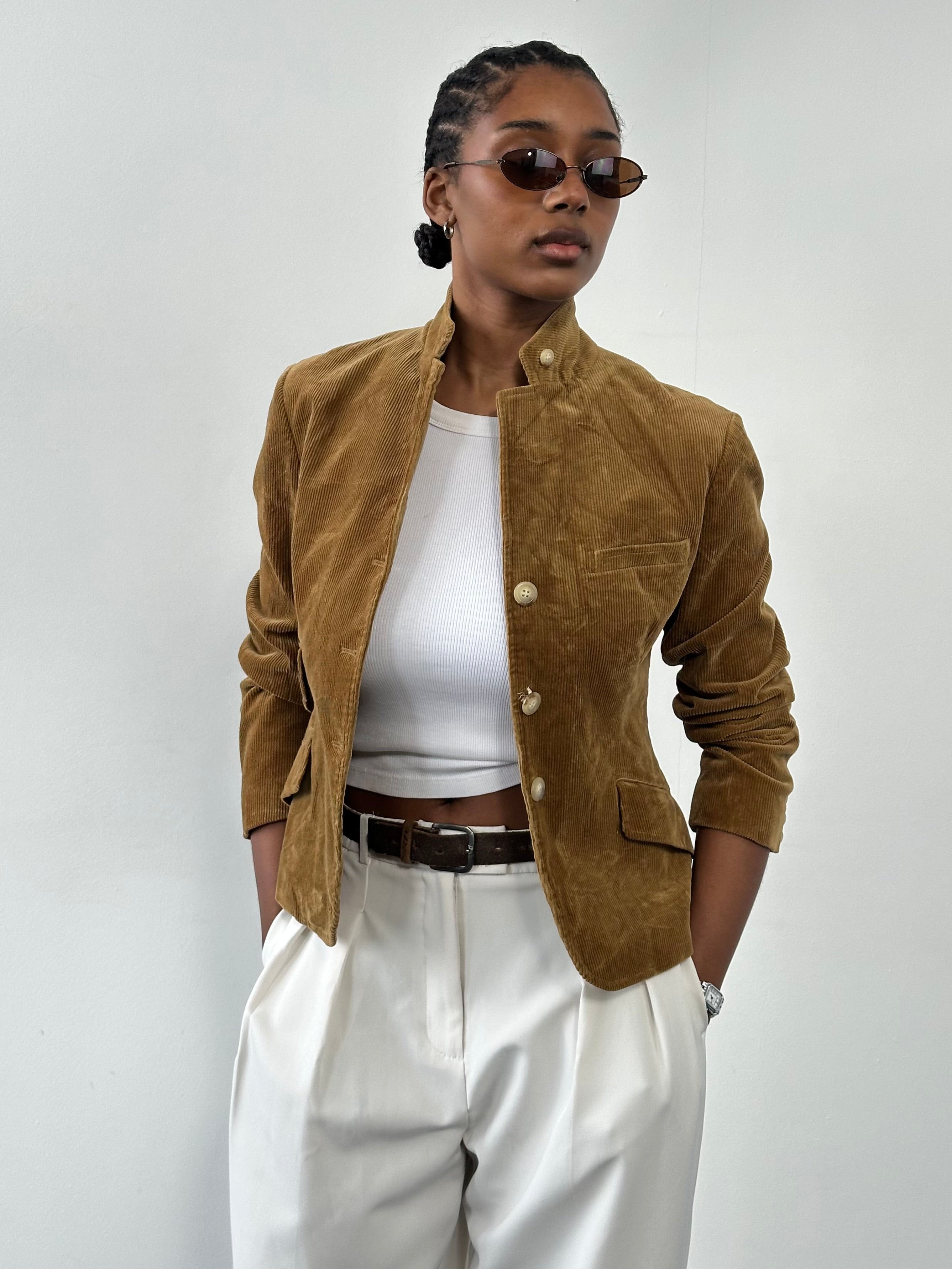Ralph Lauren 2000s high neck corduroy blazer in XS, featuring a classic tailored fit and textured fabric.