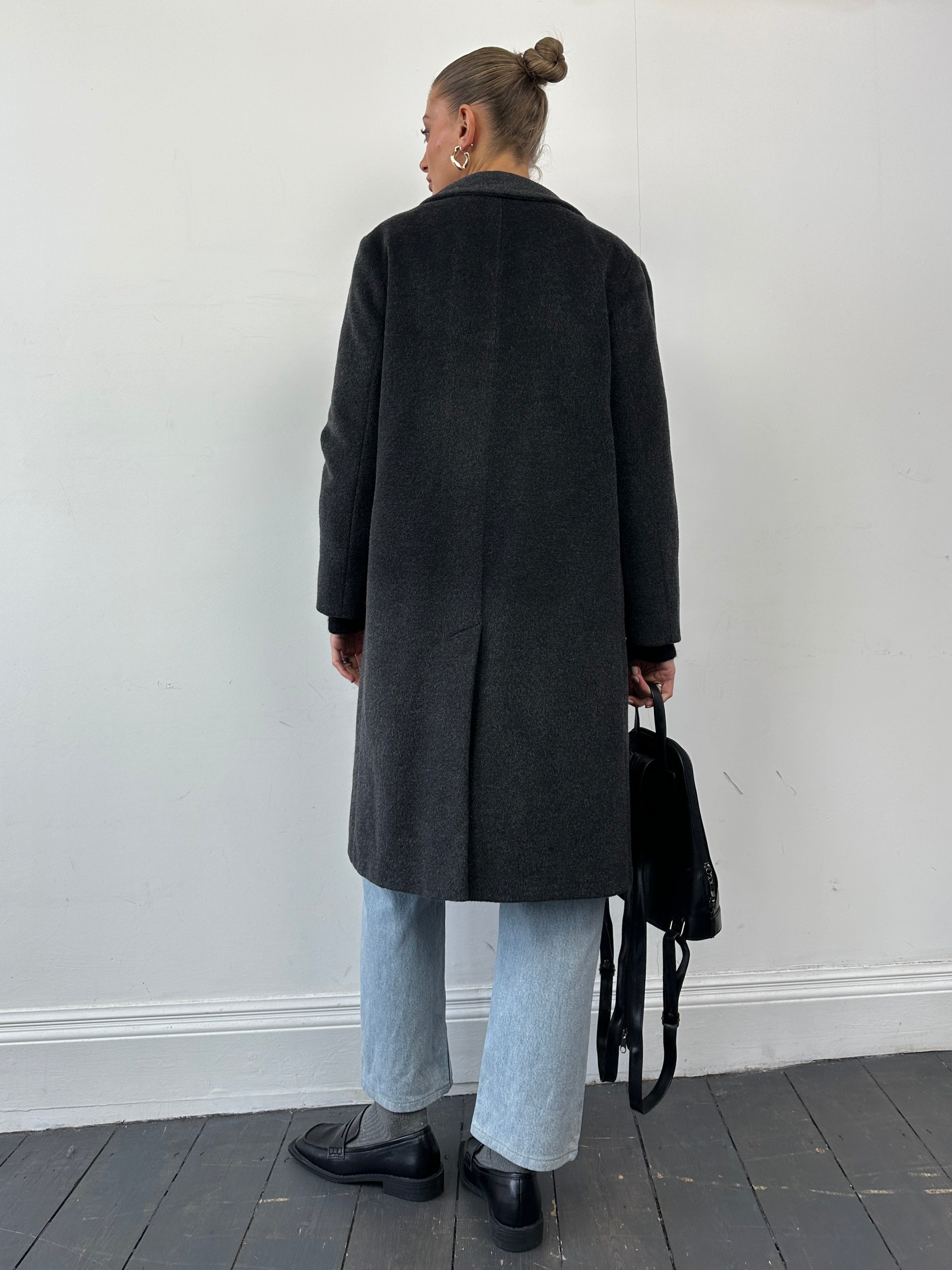 Marella Virgin Wool Mohair Single Breasted Coat in size S, shown hanging, featuring classic lapel collar and tailored fit.