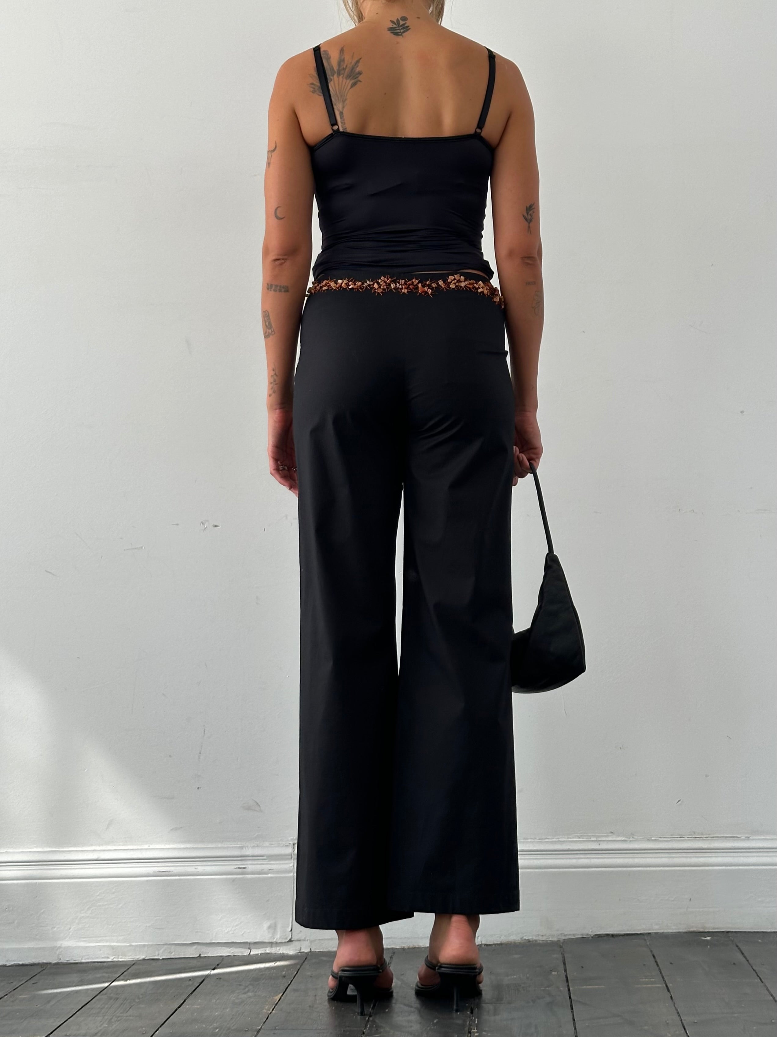 Vintage Alberta Ferretti mid-rise wide leg trousers with stone embellishments, in a stone color, size W29.