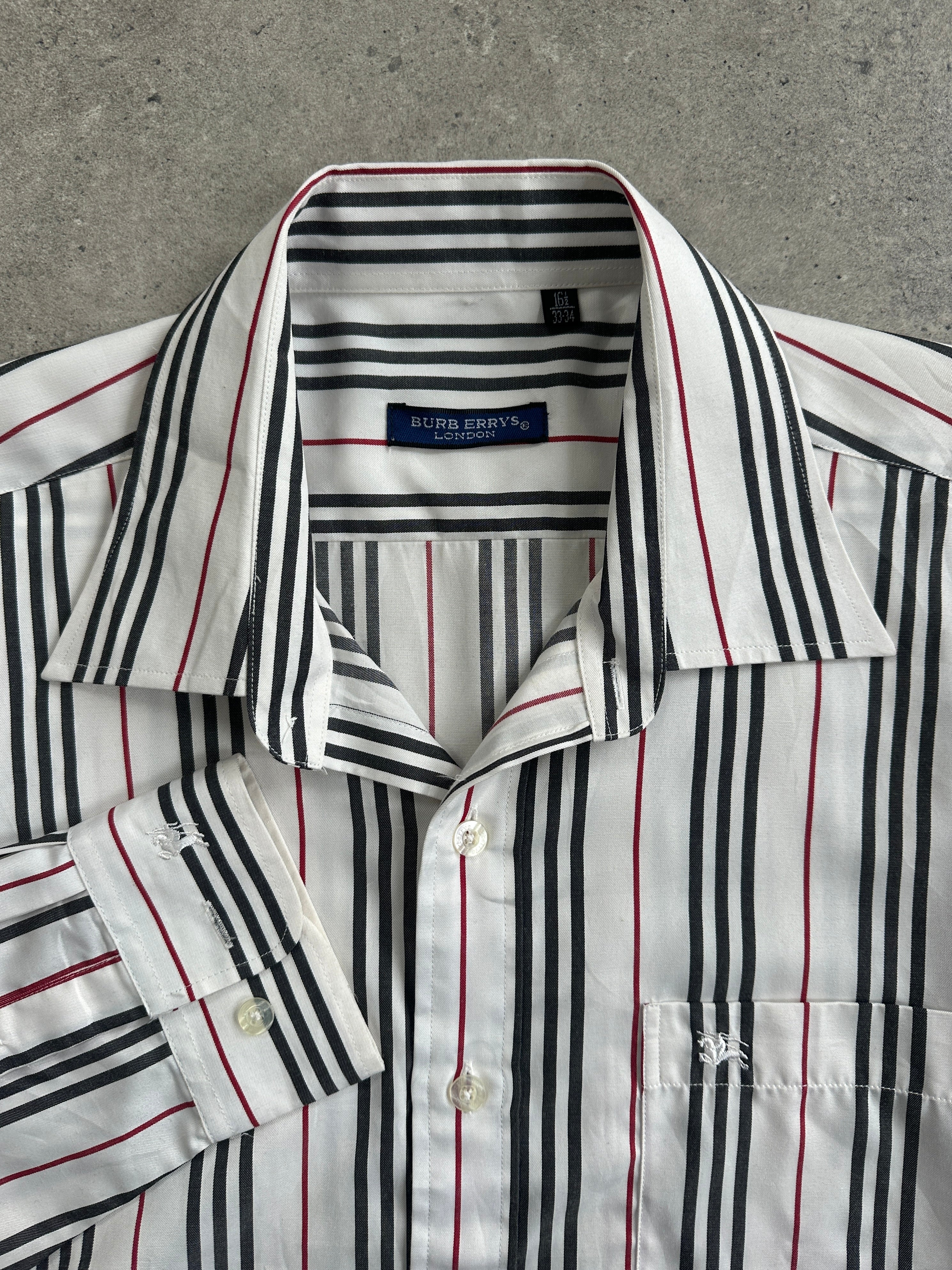 Burberry London 1990s striped cotton logo shirt in size M/L with classic Burberry pattern and logo on front.