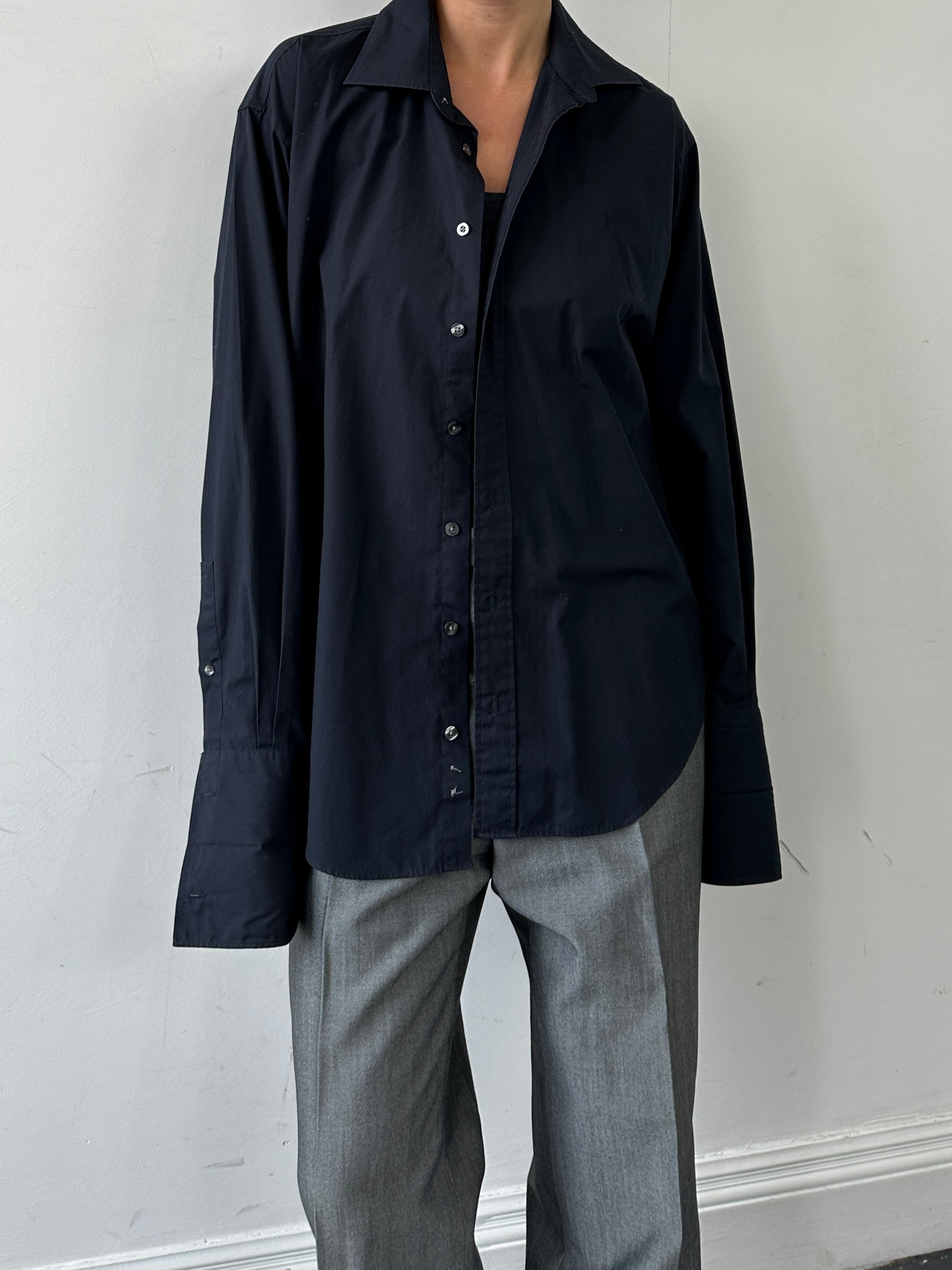 Yves Saint Laurent Pour Homme cotton logo dress shirt in size L/XL, featuring a classic collar and YSL branding.
