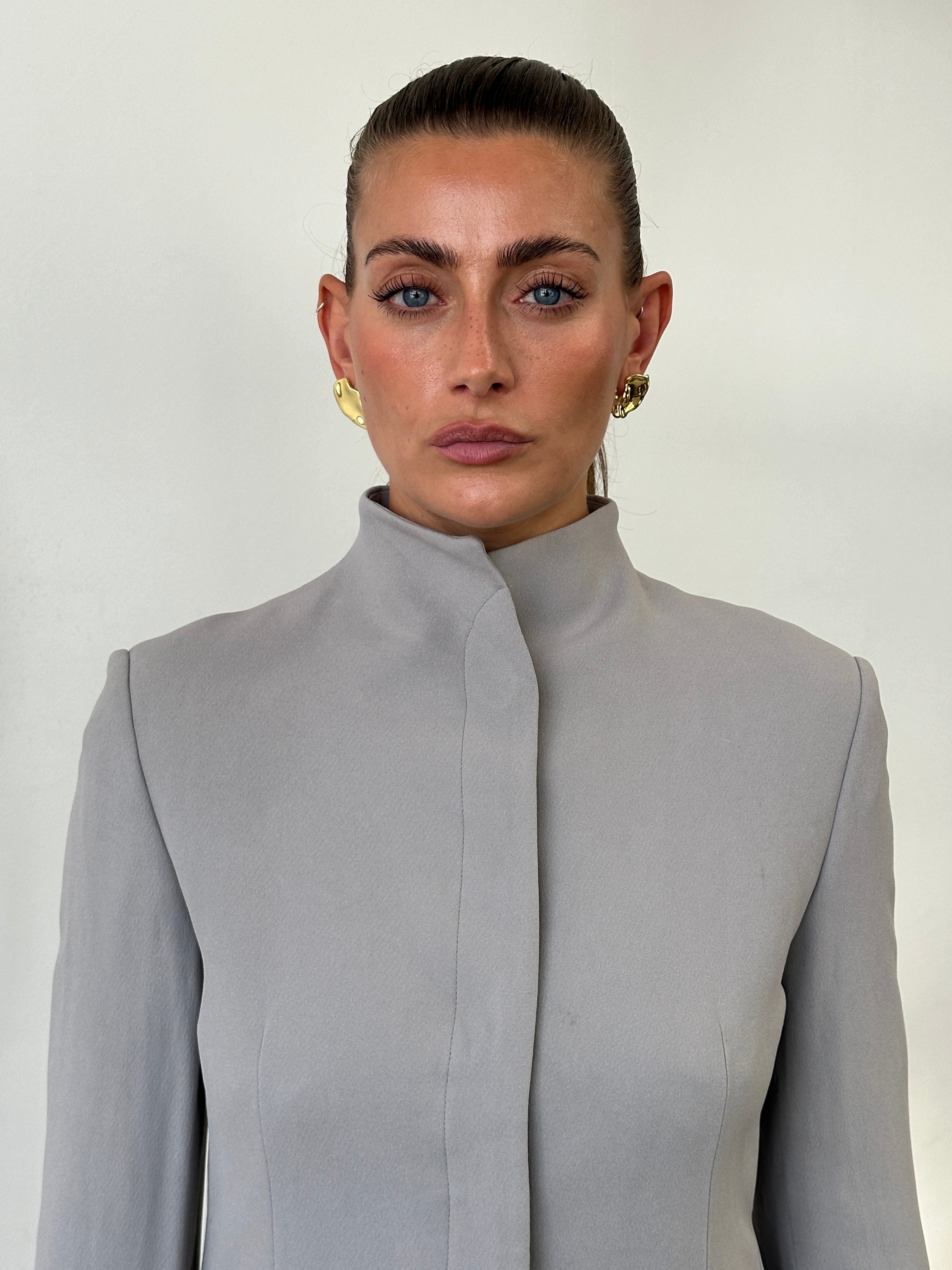 Emporio Armani high neck fitted blazer jacket in sleek minimal design, black color, tailored for a modern, sophisticated look.
