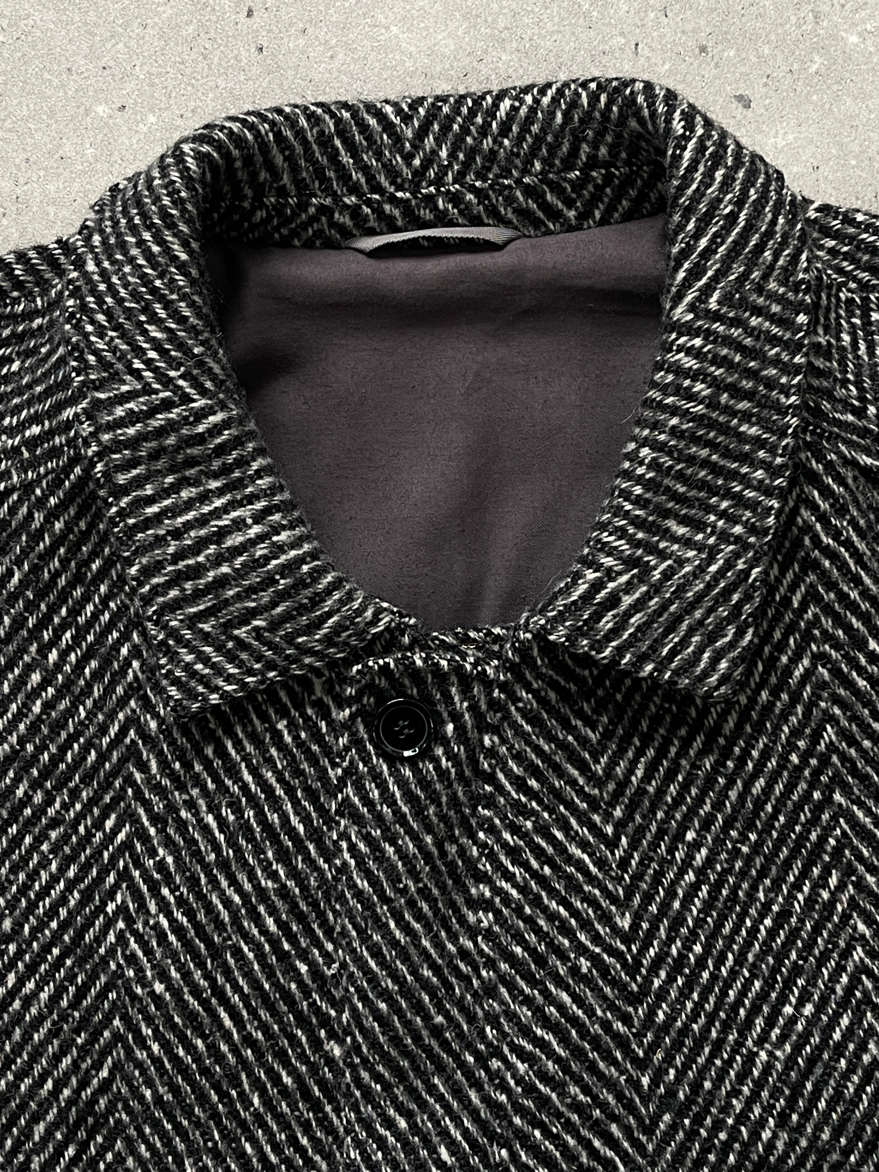 Vintage 1990s wool herringbone bomber jacket in XXL, showcasing classic collar, zip front, and textured fabric.