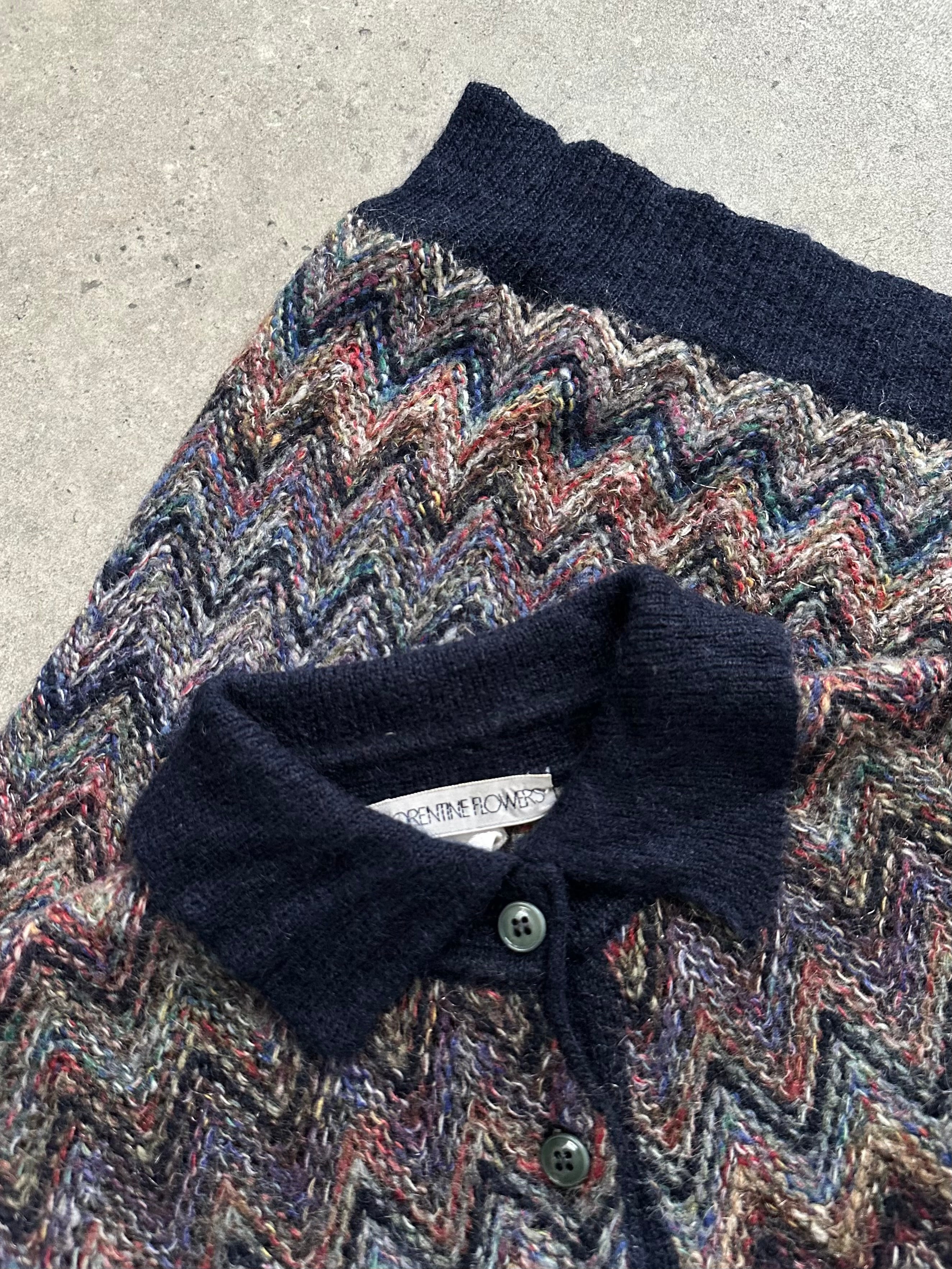 Vintage Italian 1990s mohair zig zag knitted polo jumper, size large, featuring colorful zig zag pattern and classic knit texture.