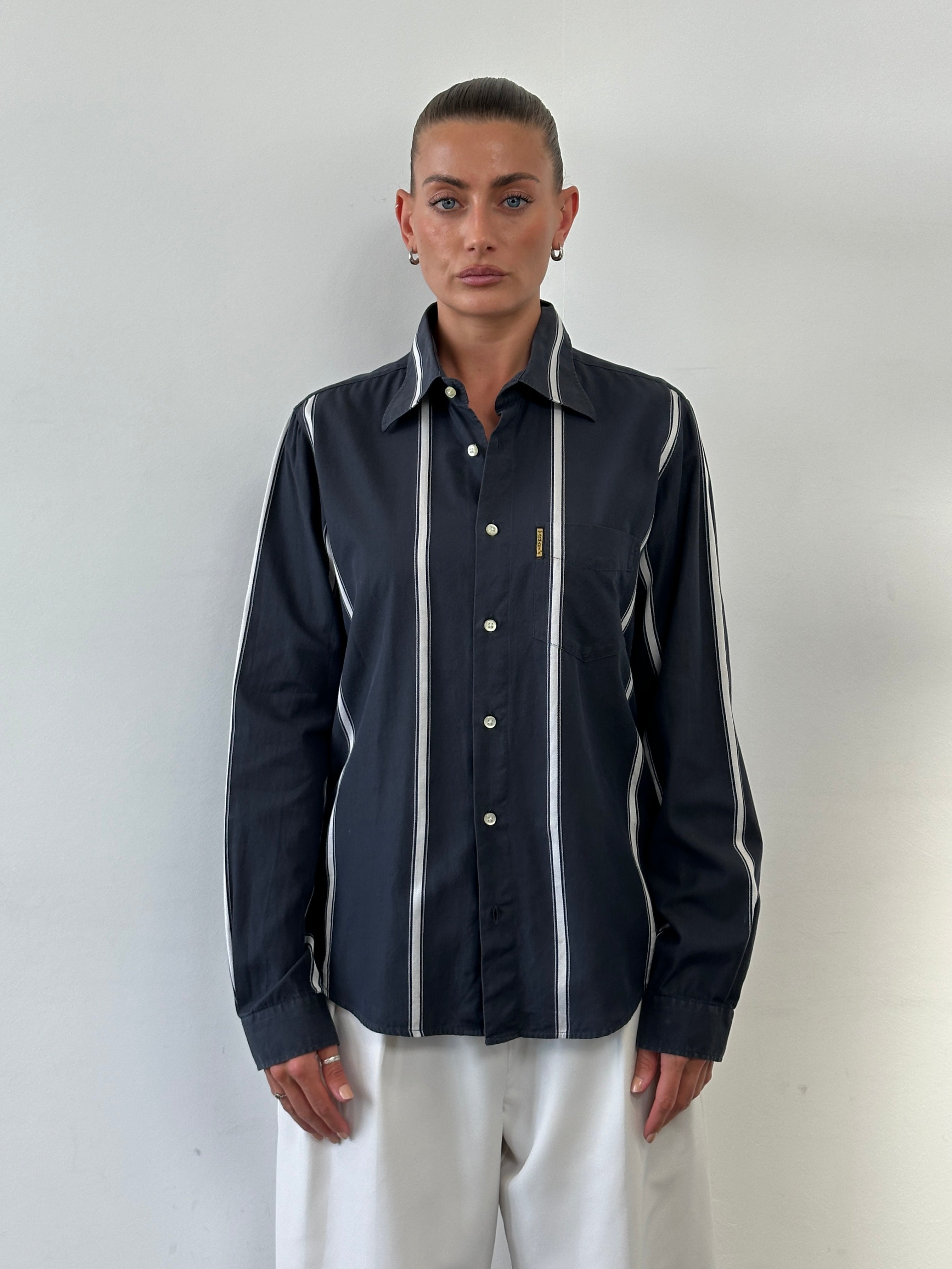 Armani Jeans stripe cotton logo shirt in size M, featuring a stylish striped design and subtle brand logo detail.