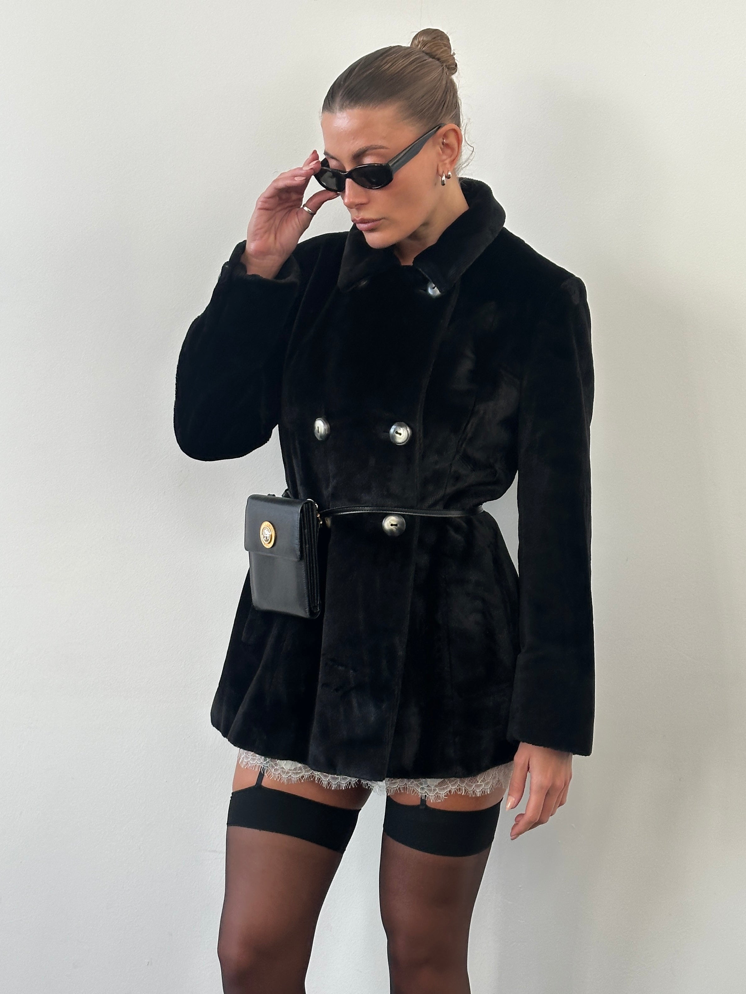 Sportmax 1990s faux fur double-breasted coat in size M/L, featuring a plush texture and classic design.