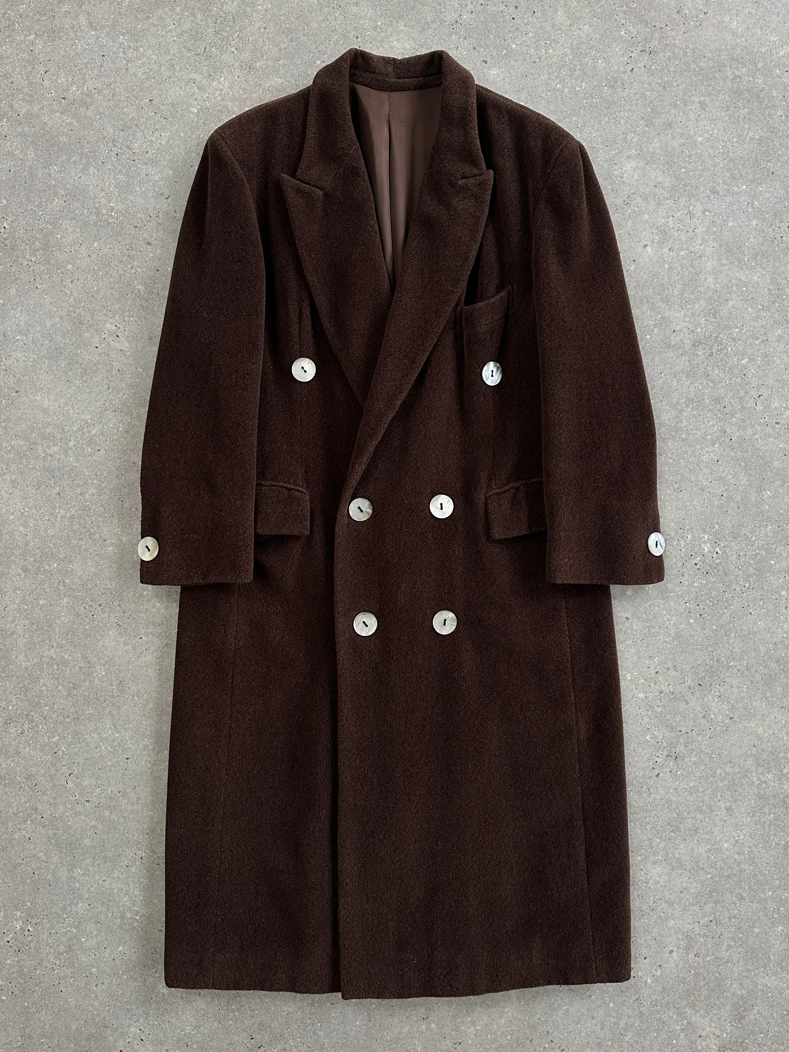 Moschino 1980s wool cashmere double-breasted coat in XL, featuring classic design and tailored fit.