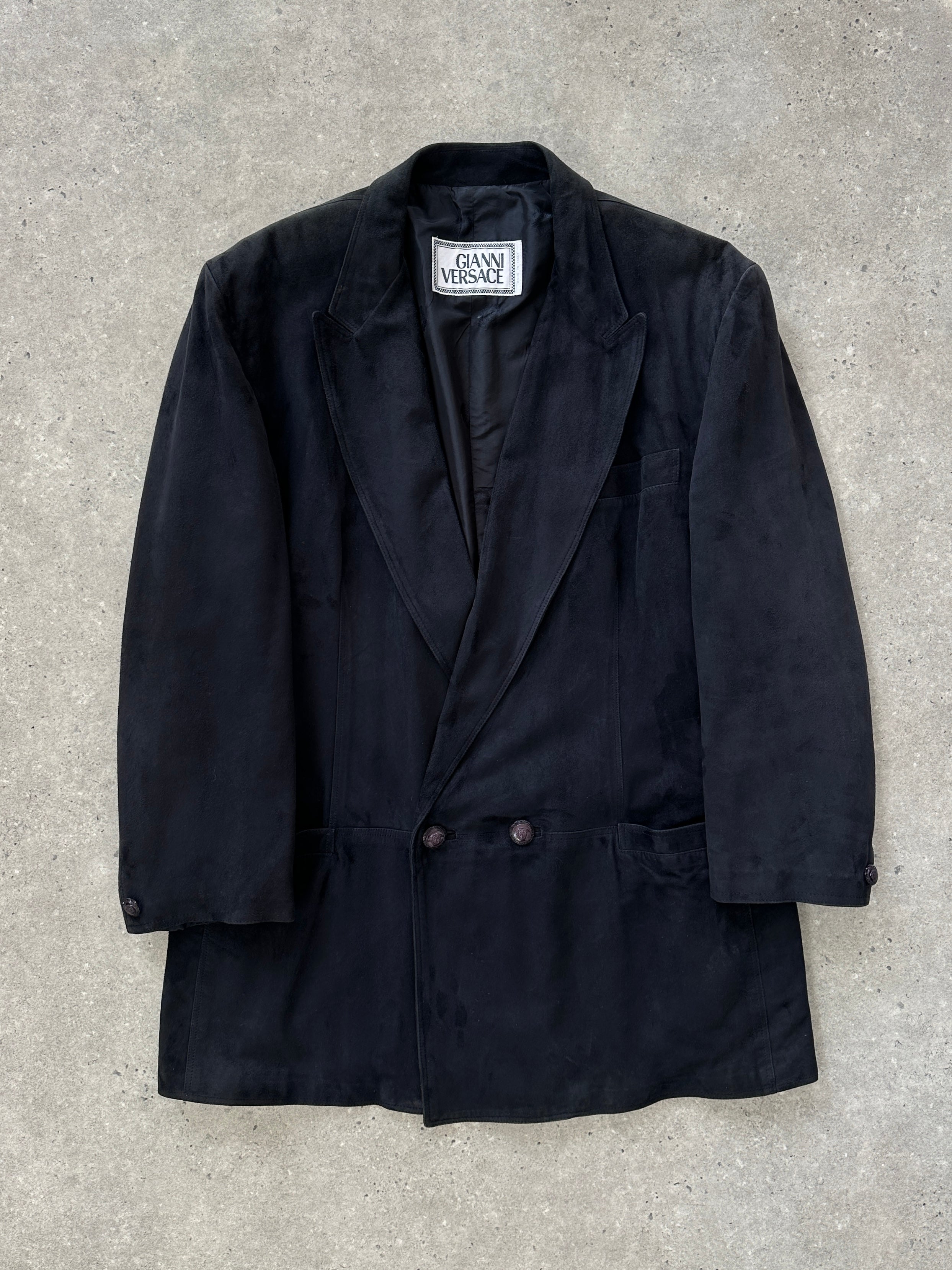 Versace 1990s men's XL suede double-breasted leather jacket with classic lapel collar and sleek design.