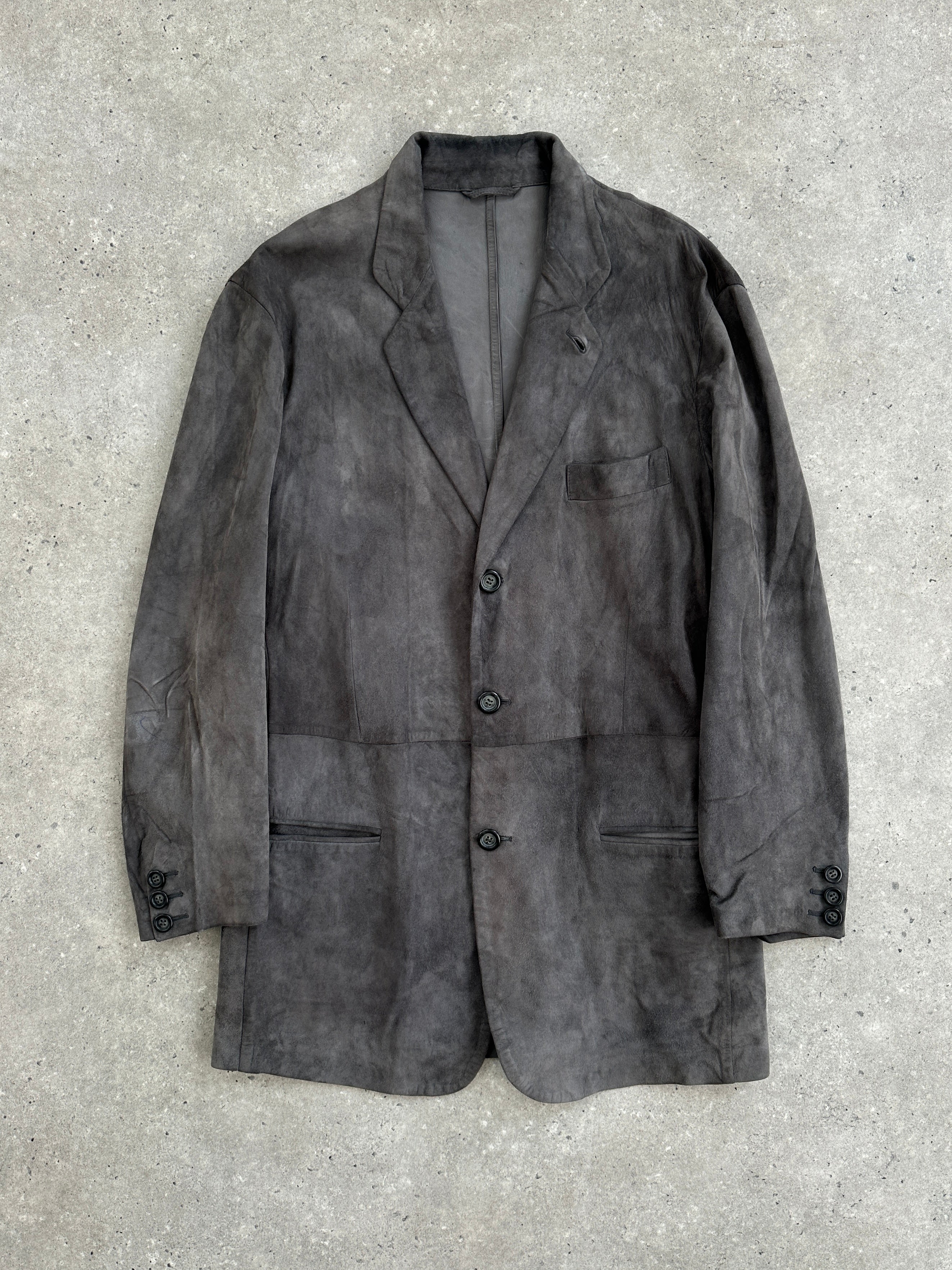 Giorgio Armani Black Label suede blazer jacket in size L, featuring a tailored fit and classic lapel design, displayed on a hanger.