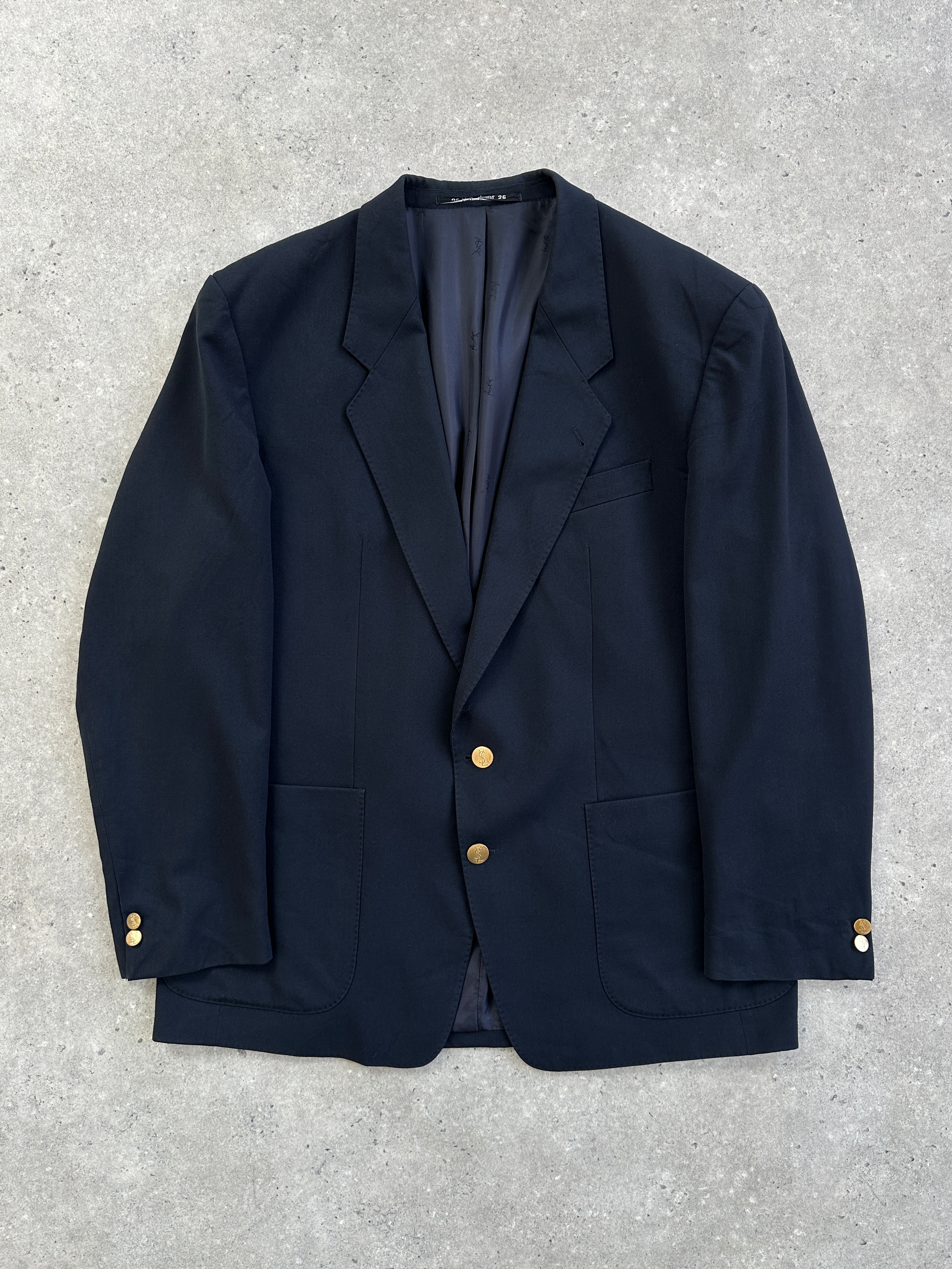 Yves Saint Laurent Diffusion Hommes 1980s pure wool bespoke button blazer, size 42R/XL, dark tailored men's jacket