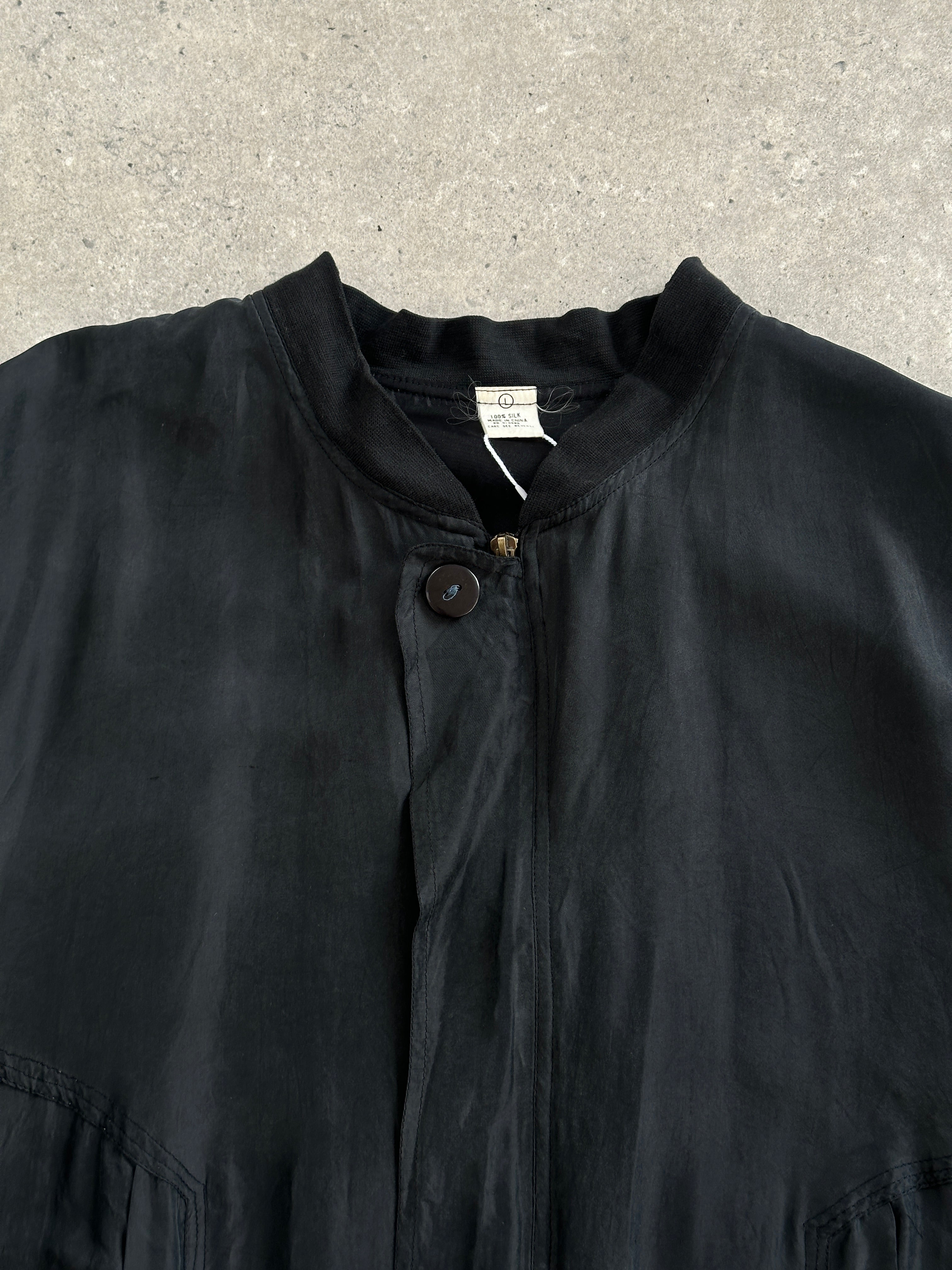 Pierre Cardin 1990s pure silk bomber jacket in size XL, featuring a sleek design and smooth silk fabric.