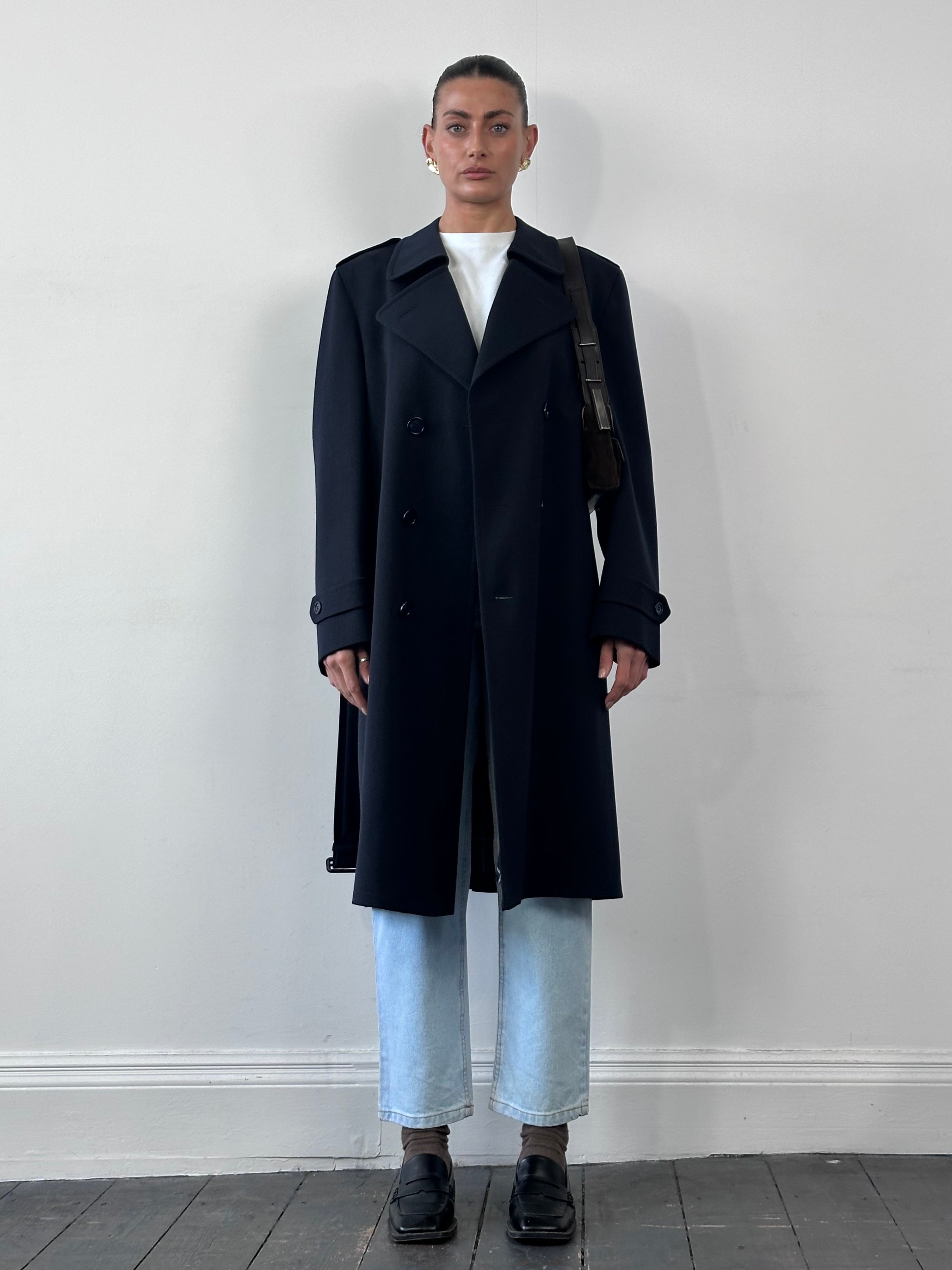 Vintage wool twill belted trench coat in XL, showcasing classic design, double-breasted front, and belted waist in a vintage style.