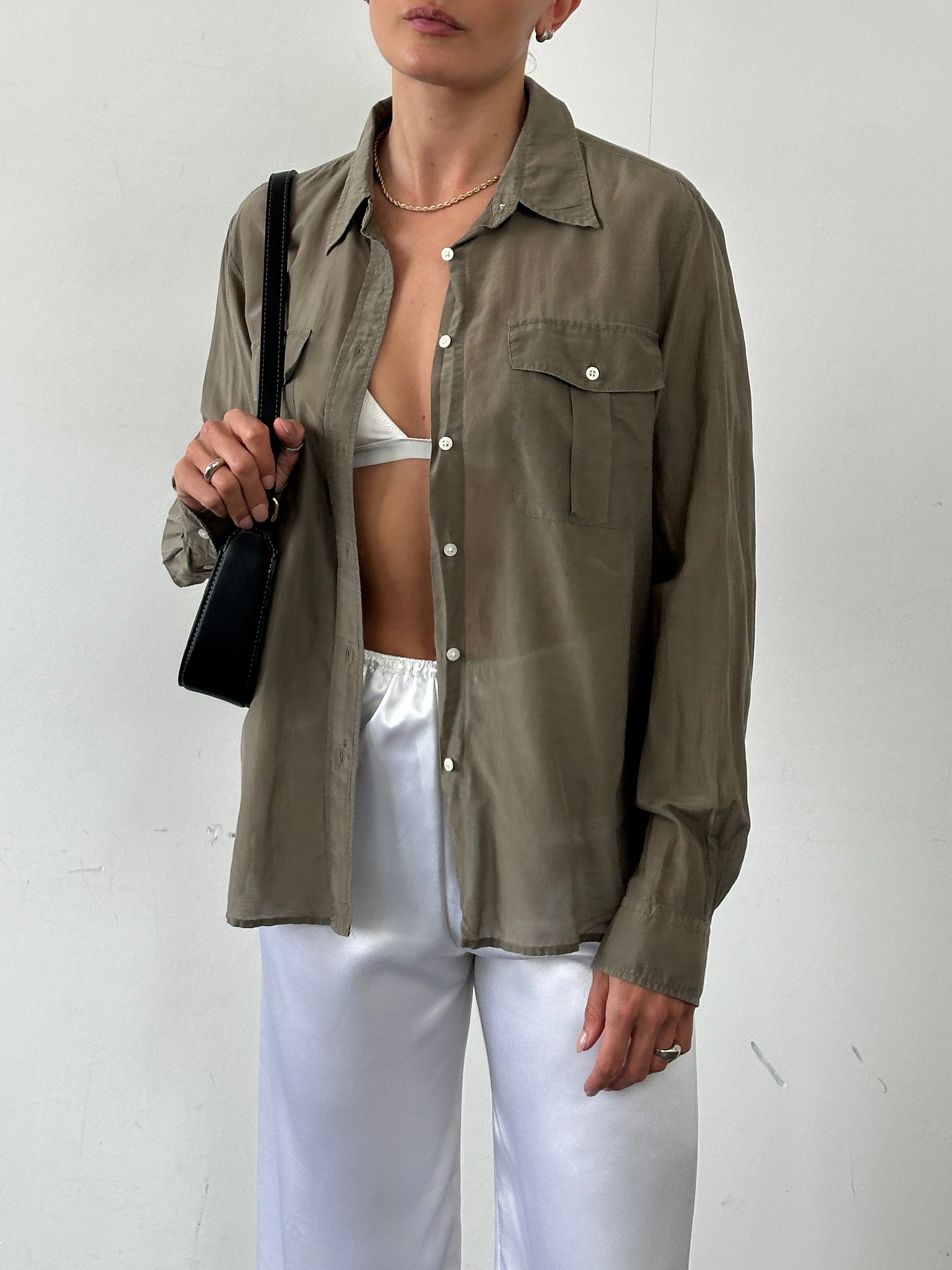 Lightweight Ralph Lauren silk cotton semi-sheer shirt in size L, shown in a natural drape with subtle semi-sheer fabric.