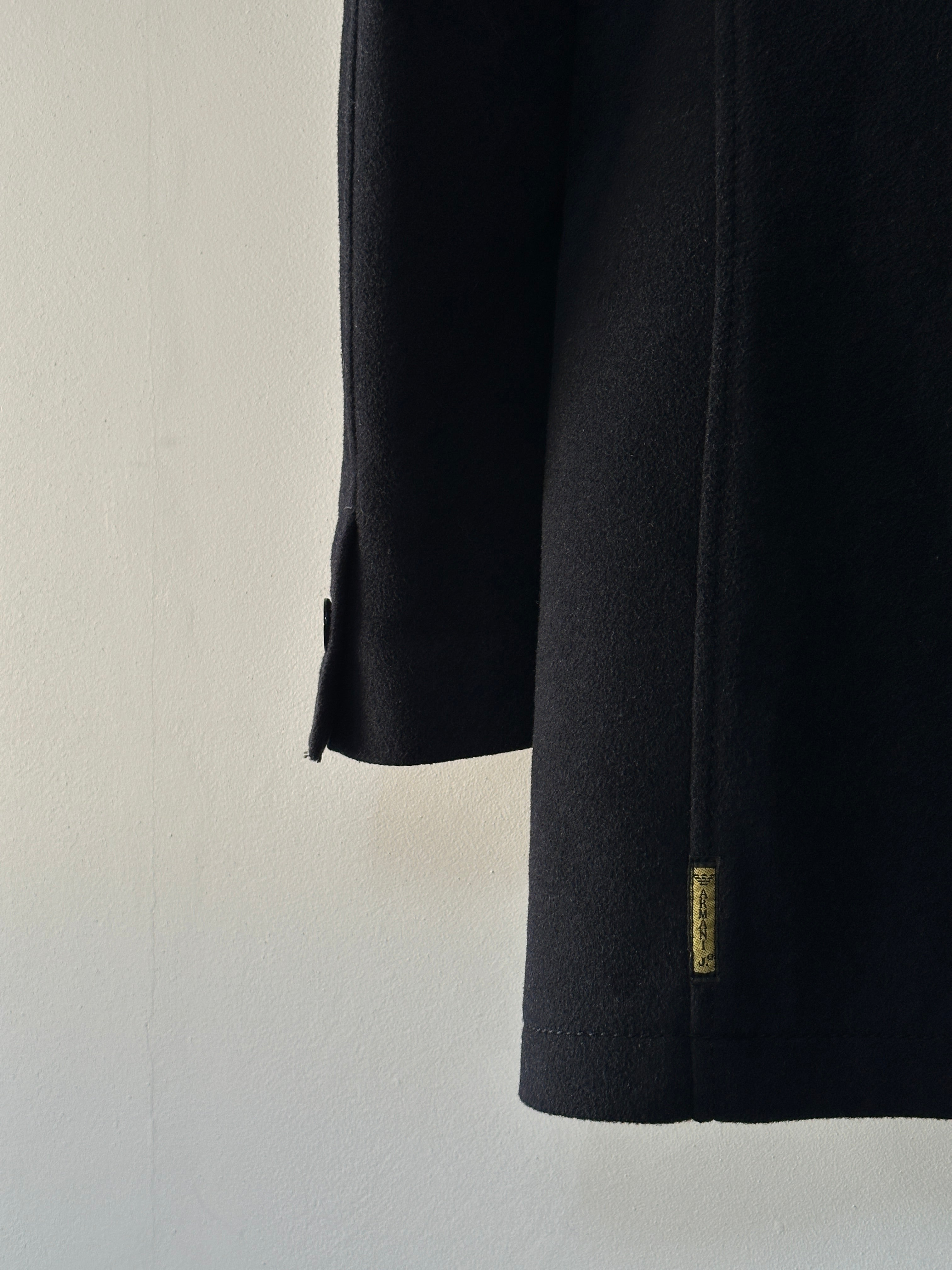 Armani Jeans wool double-breasted coat in XL, showing navy blue color, tailored fit, and classic lapel design.