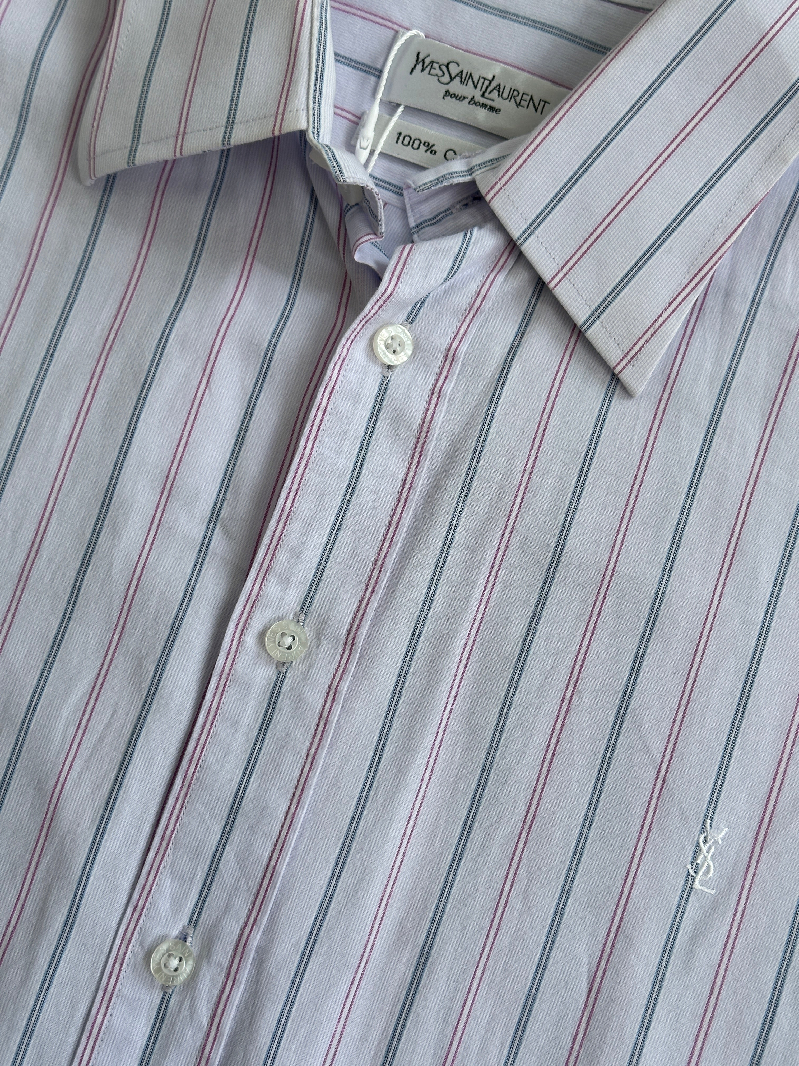 Yves Saint Laurent Pour Homme stripe pure cotton logo shirt in XL, featuring classic design and brand logo on the chest.