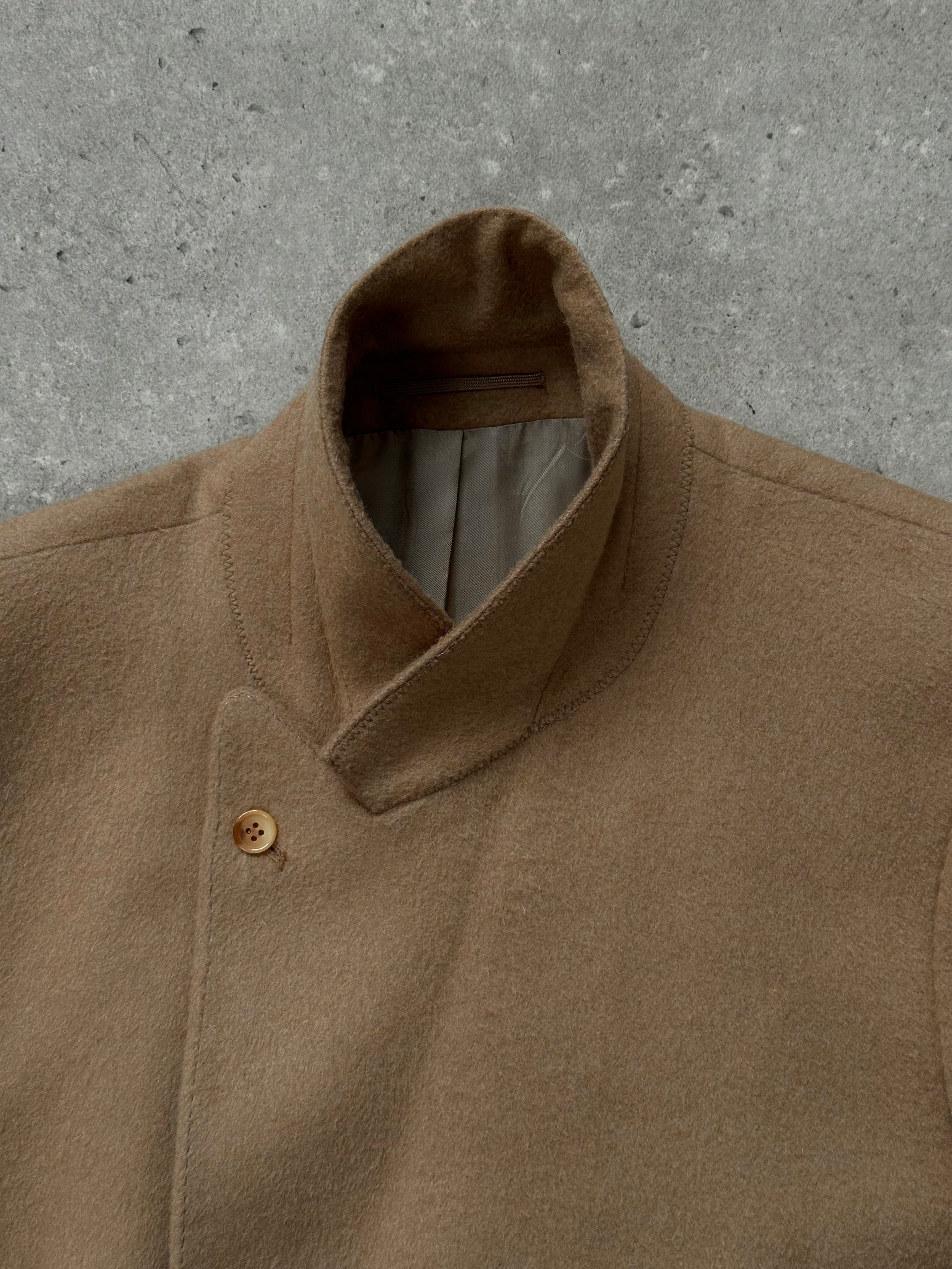Vintage 1990s wool double-breasted high-neck coat in size large, featuring classic style and tailored fit.