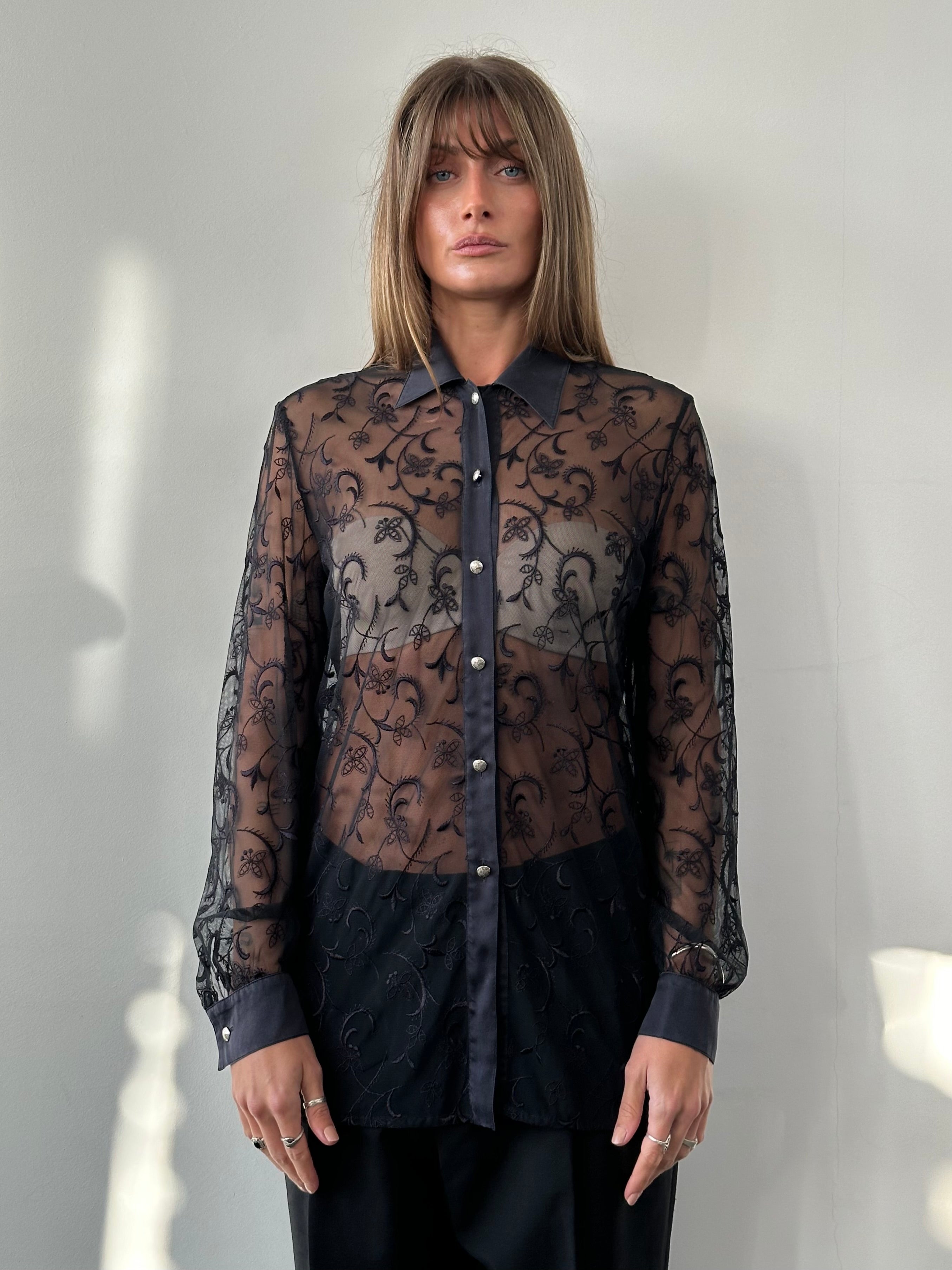 Vintage lace sheer silk trim shirt in size L, featuring delicate lace details and lightweight, elegant silk fabric.