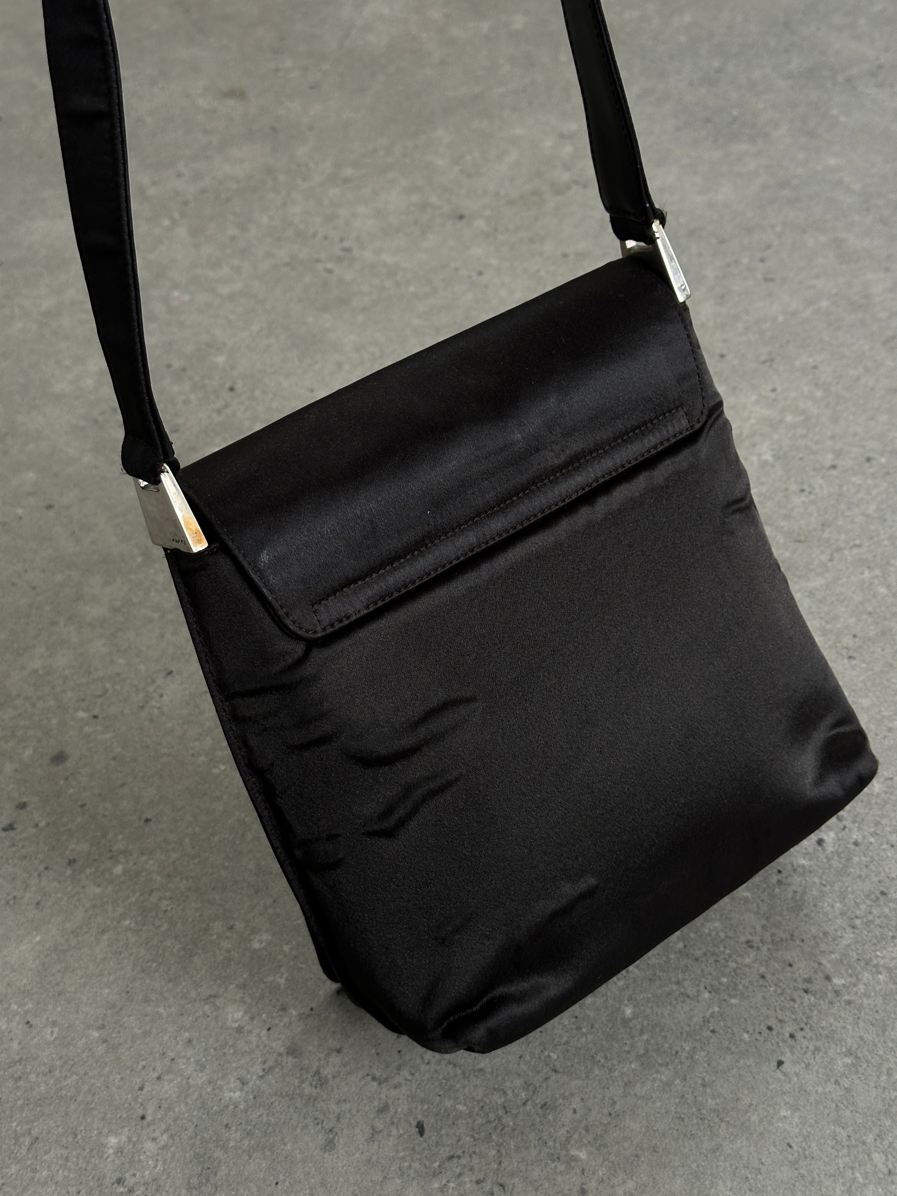 Gucci 2000s satin flap square shoulder bag with gold hardware and adjustable strap, stylish vintage accessory.