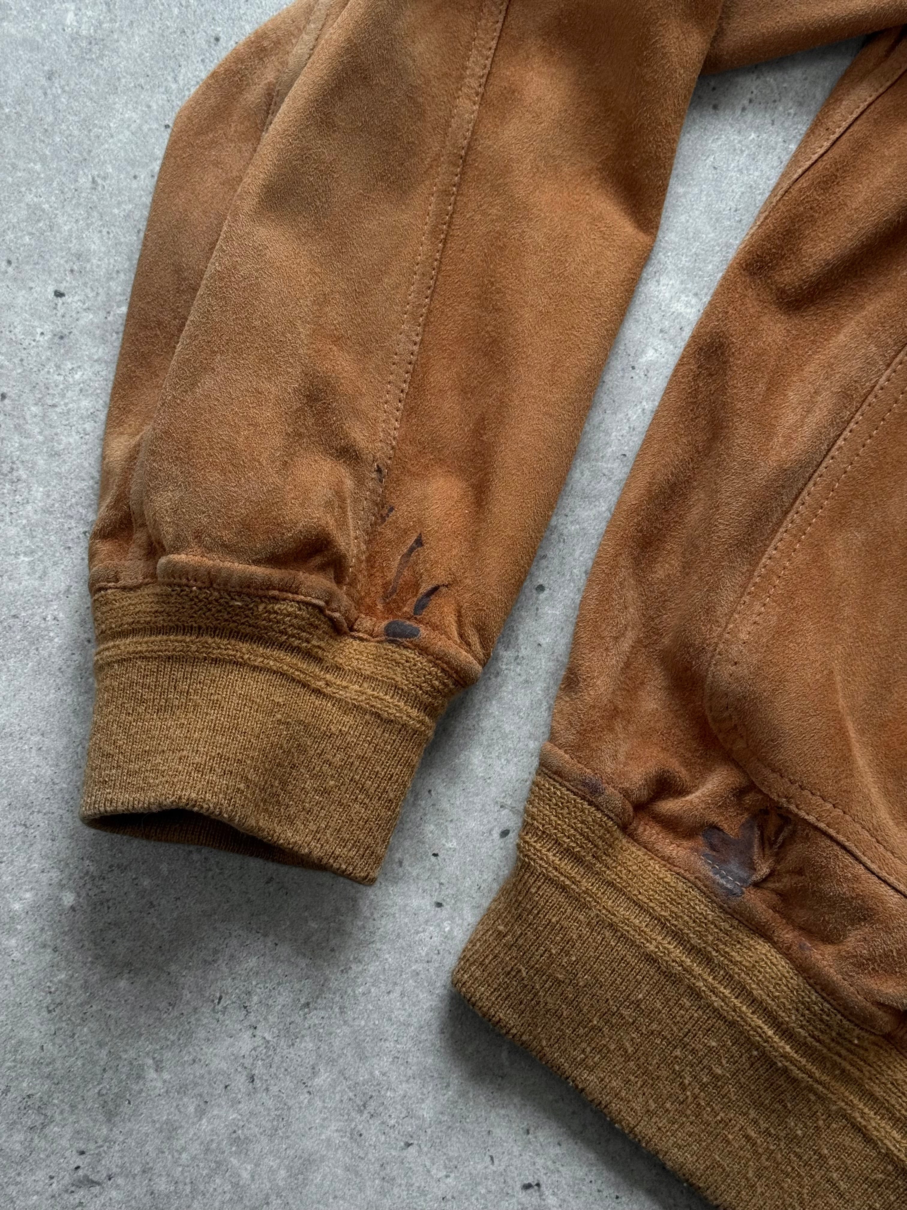 Vintage Italian 1980s reversible suede leather jacket in size L, showcasing its soft suede exterior and stylish reversible design.