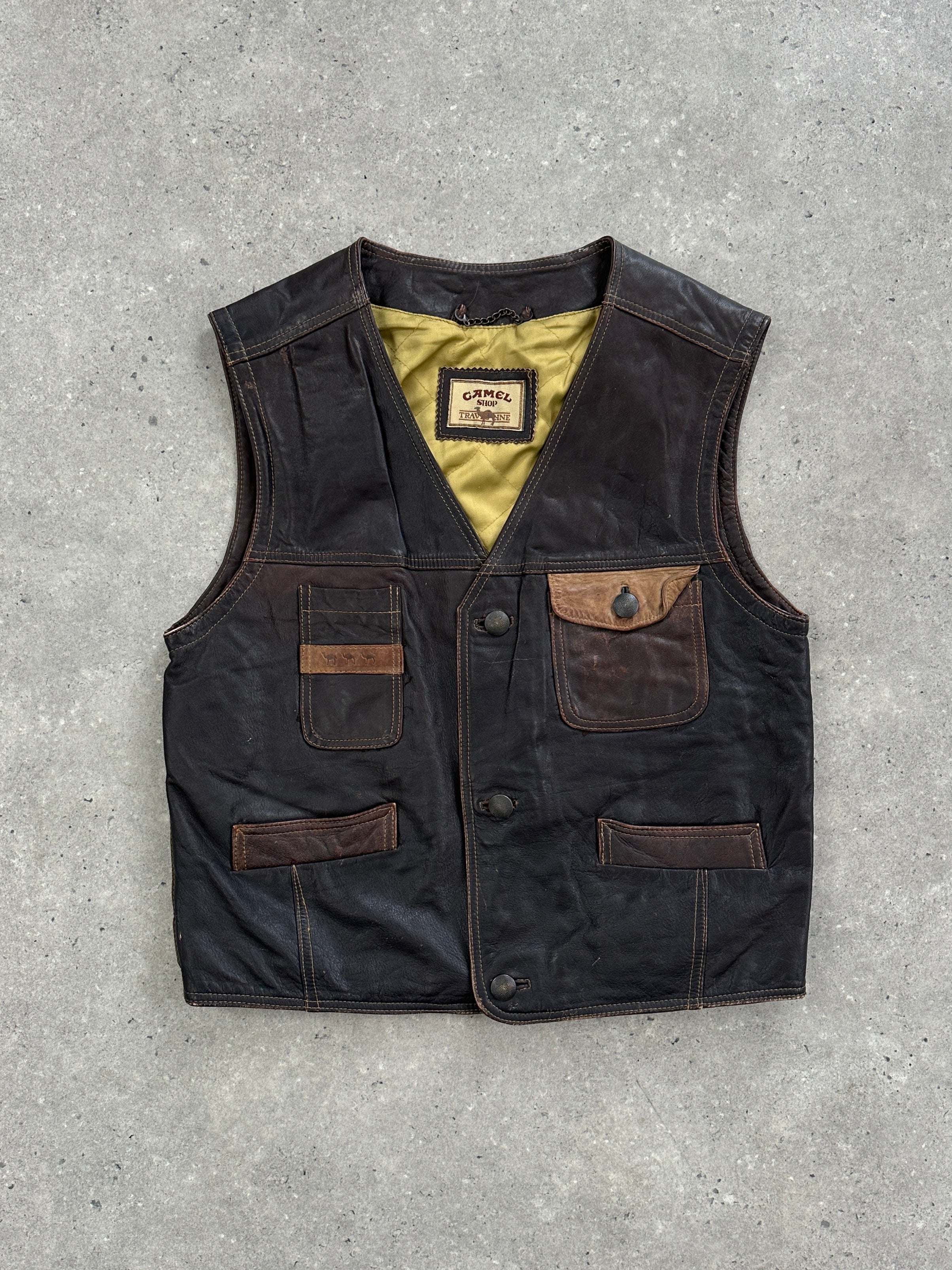 Vintage camel distressed leather waistcoat for men, size M, featuring rugged leather with distressed finish and classic design.