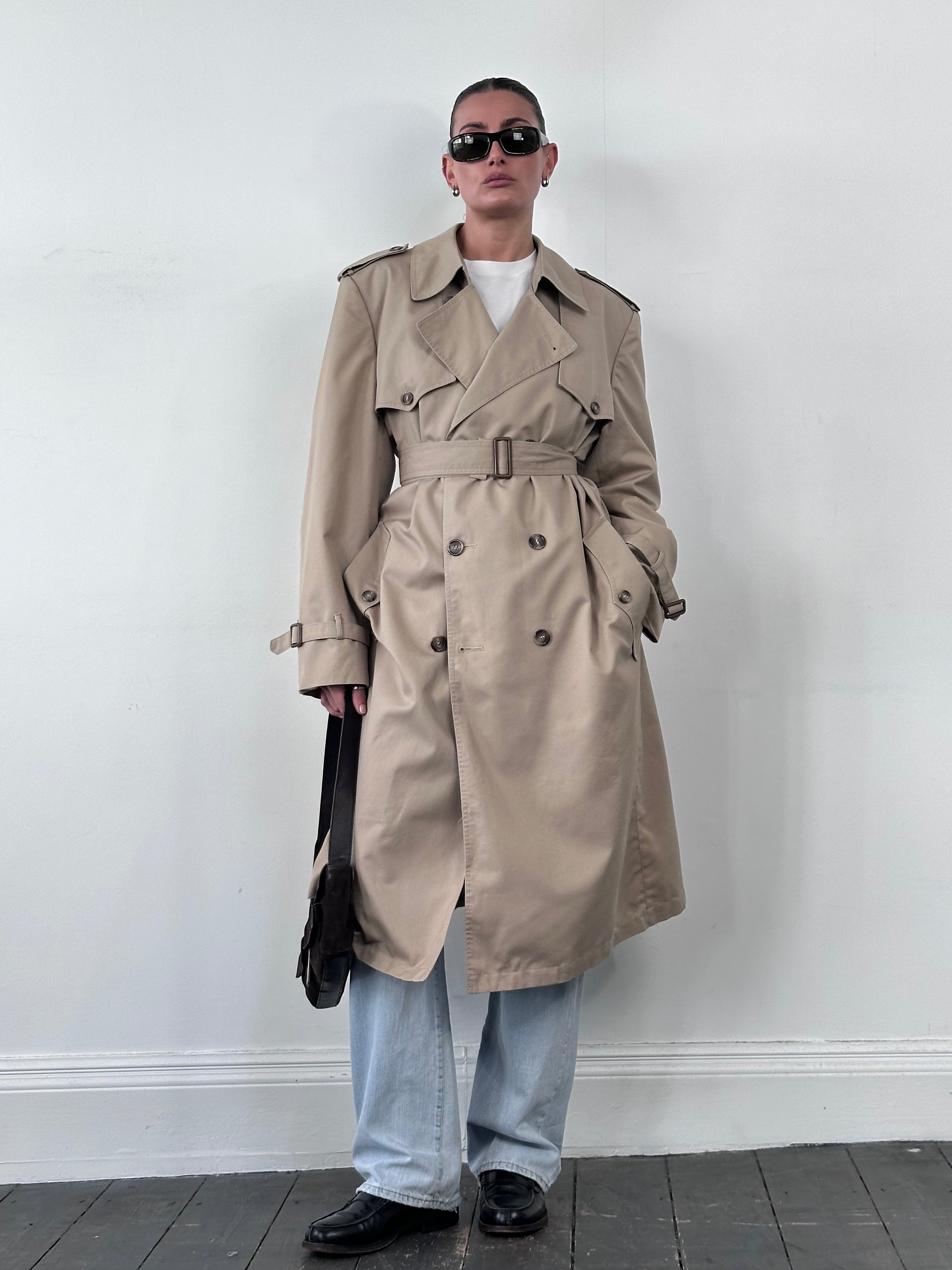 Christian Dior Monsieur cotton double-breasted belted trench coat in XL, showing classic design and belted waist detail.