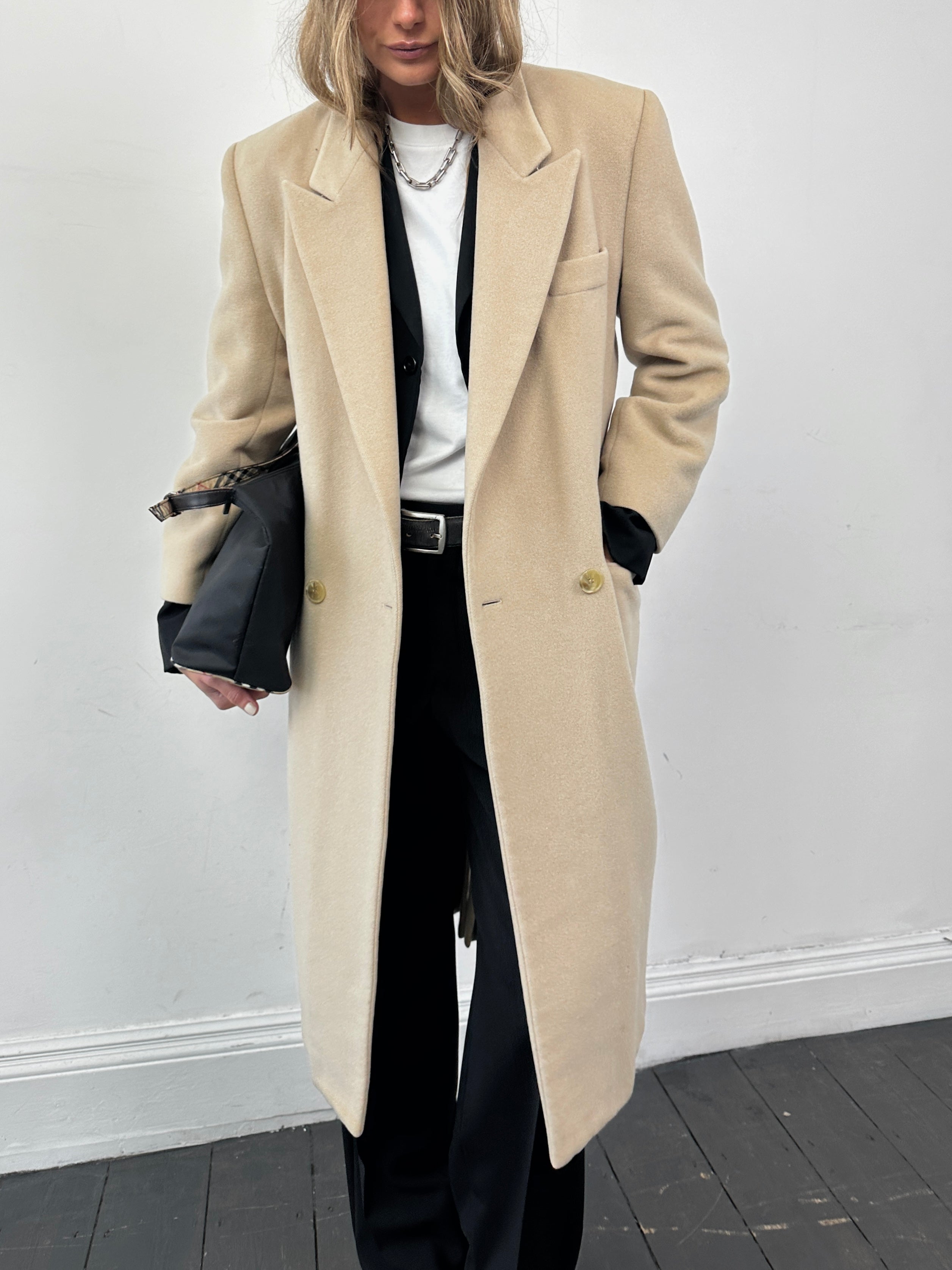 Emporio Armani wool cashmere single-breasted coat in size S, shown on a hanger with a neutral background.