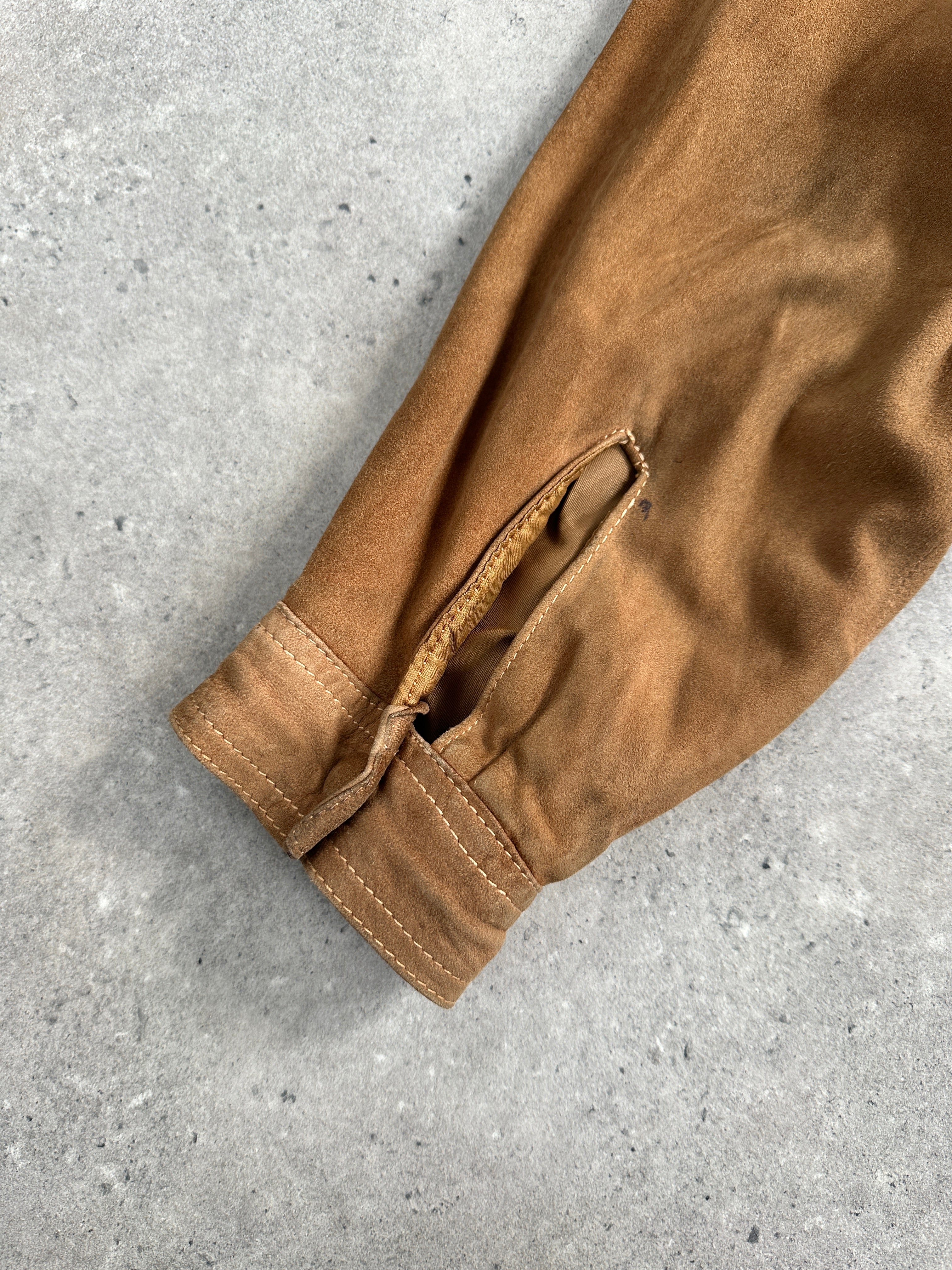 Vintage high neck suede bomber jacket for men, featuring a classic design and soft suede material.