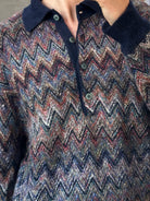 Italian Vintage 1990s Mohair Zig Zag Knitted Polo Jumper - L - SYLK