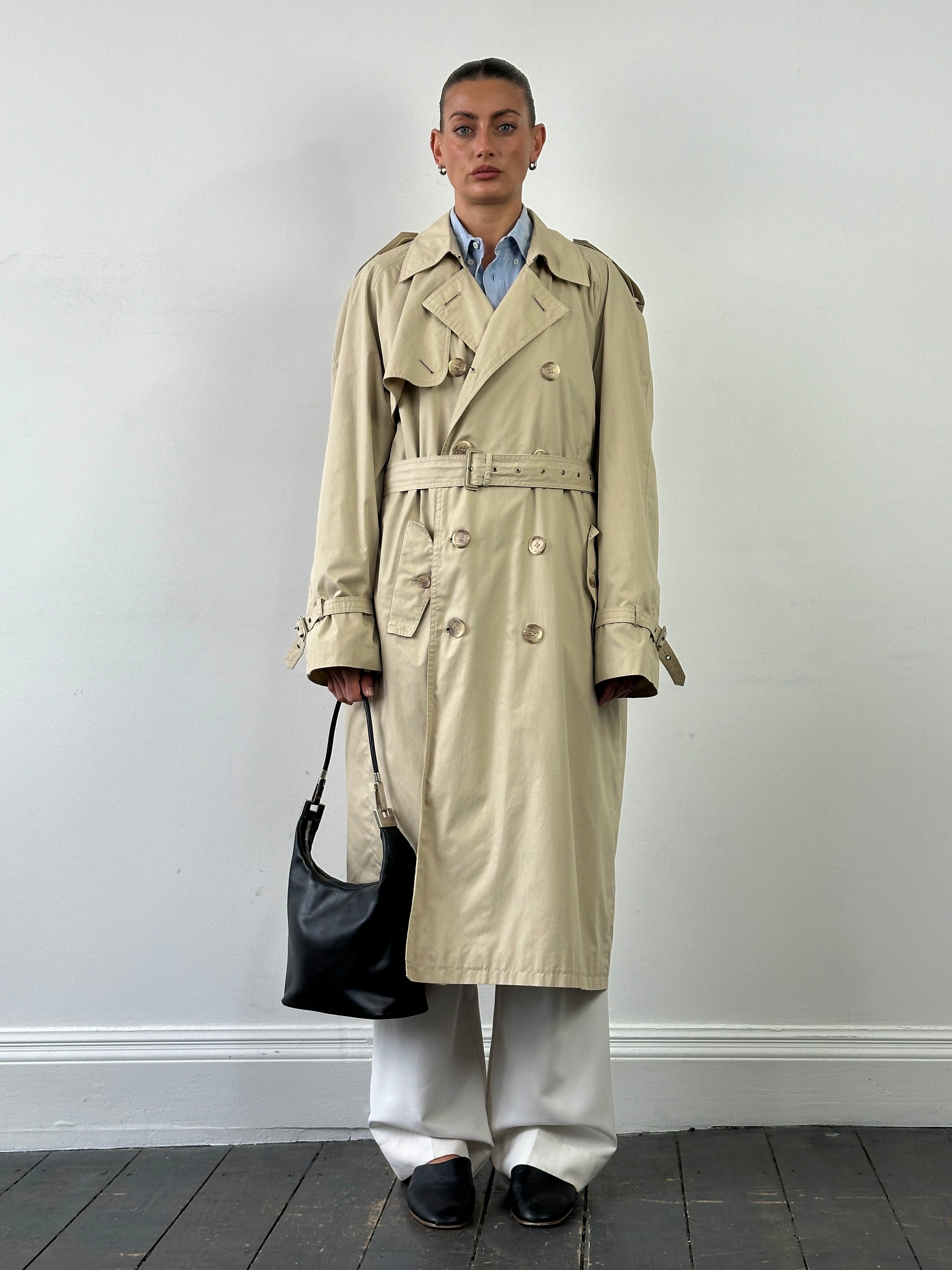 Yves Saint Laurent 80s Cotton Double Breasted Belted Trench