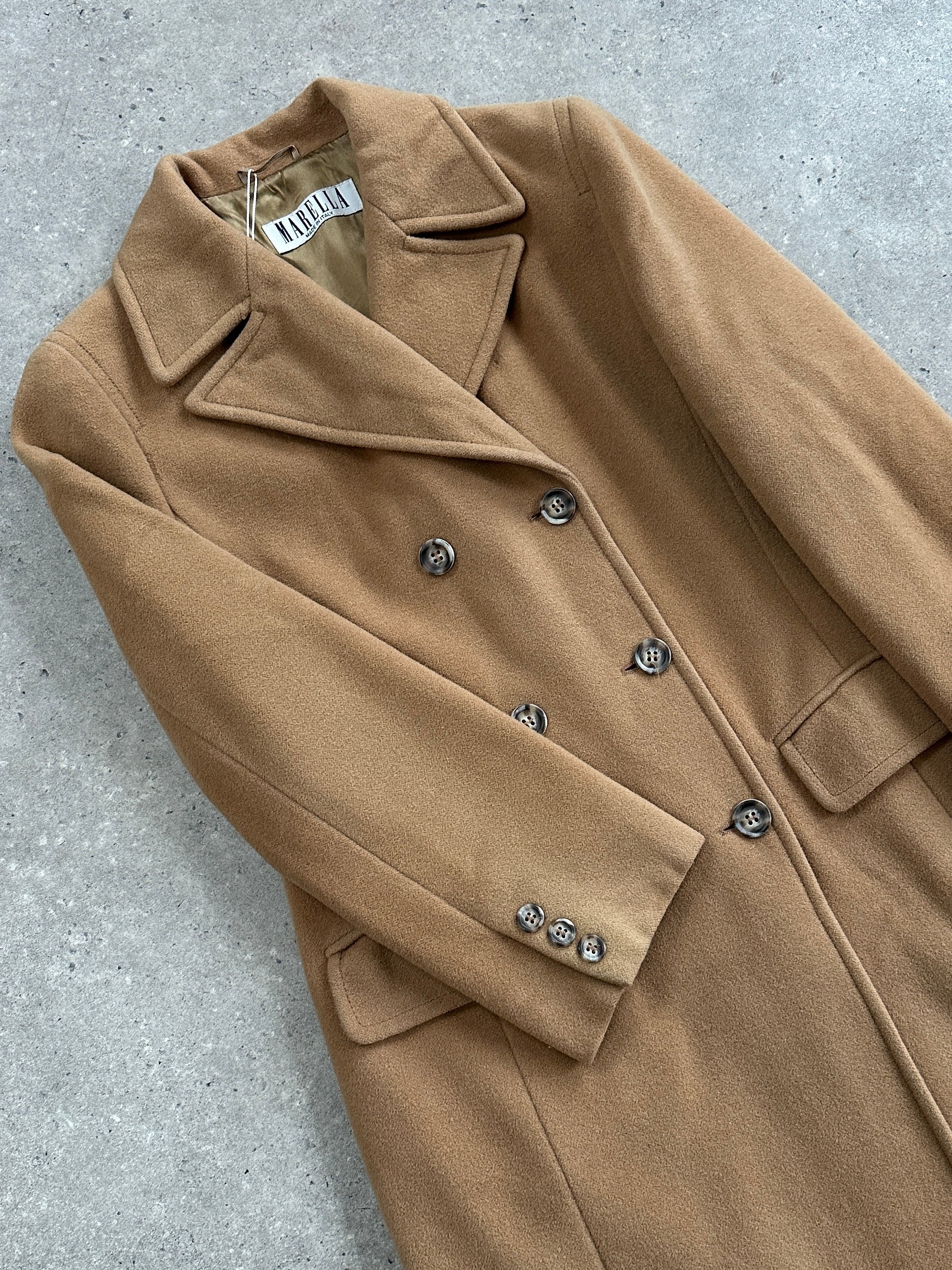 Marella 1990s virgin wool double-breasted coat in size M, stylish vintage outerwear with lapel collar and button details.