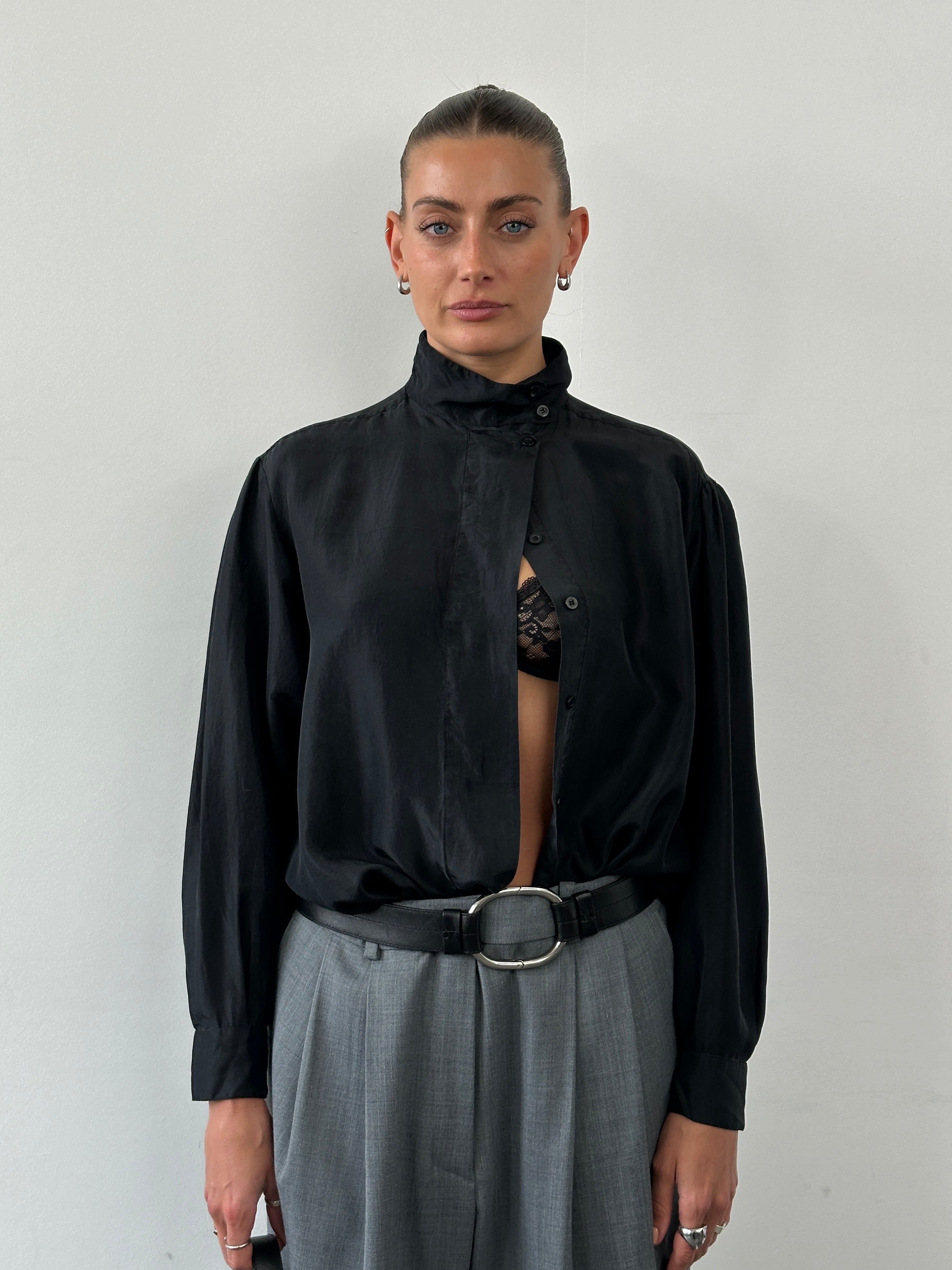Vintage pure silk high neck shirt in size M, featuring a sleek, elegant design with a classic high neckline.