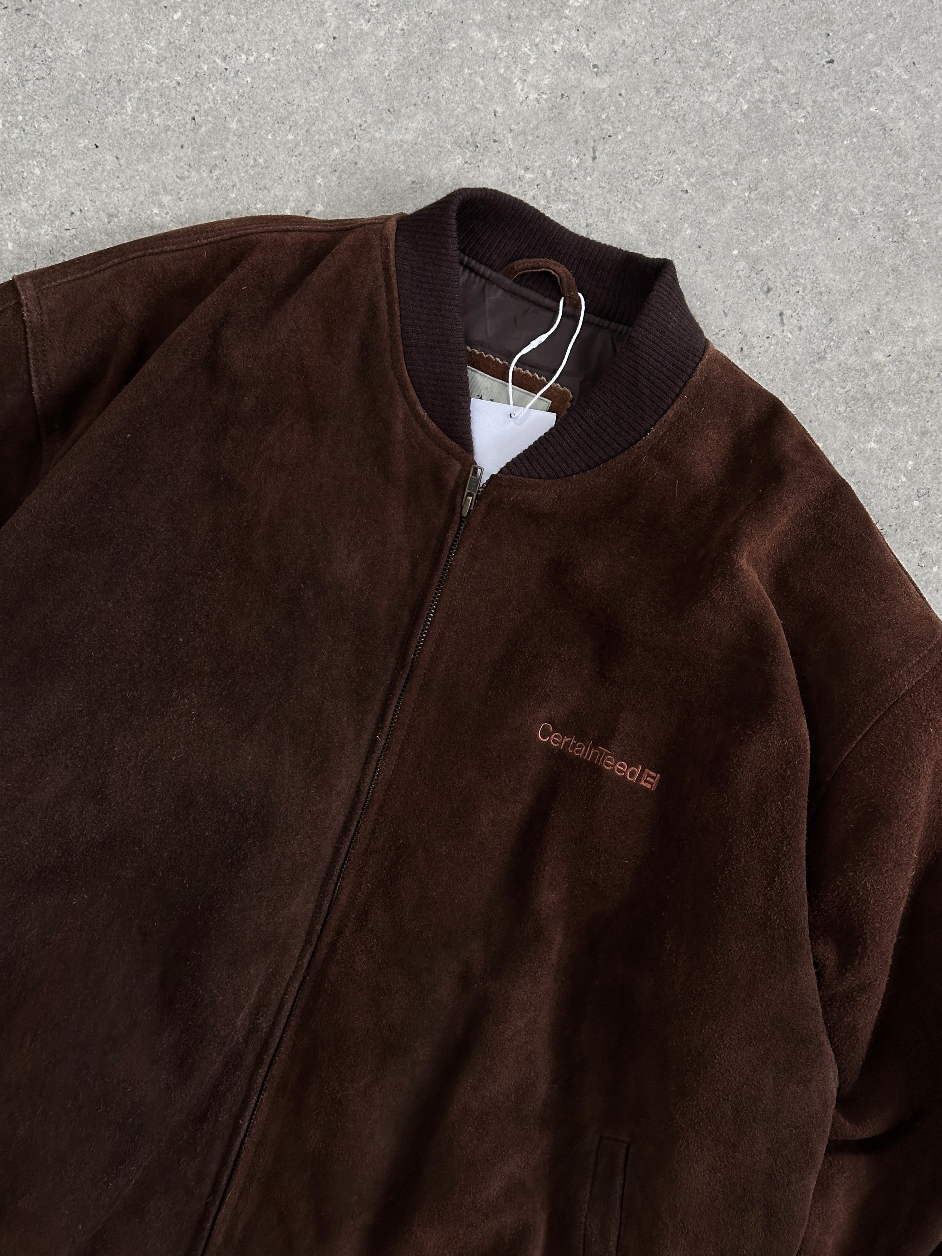 Vintage brand vintage suede leather bomber jacket with embroidery in XXL size, featuring a classic design and textured leather finish.
