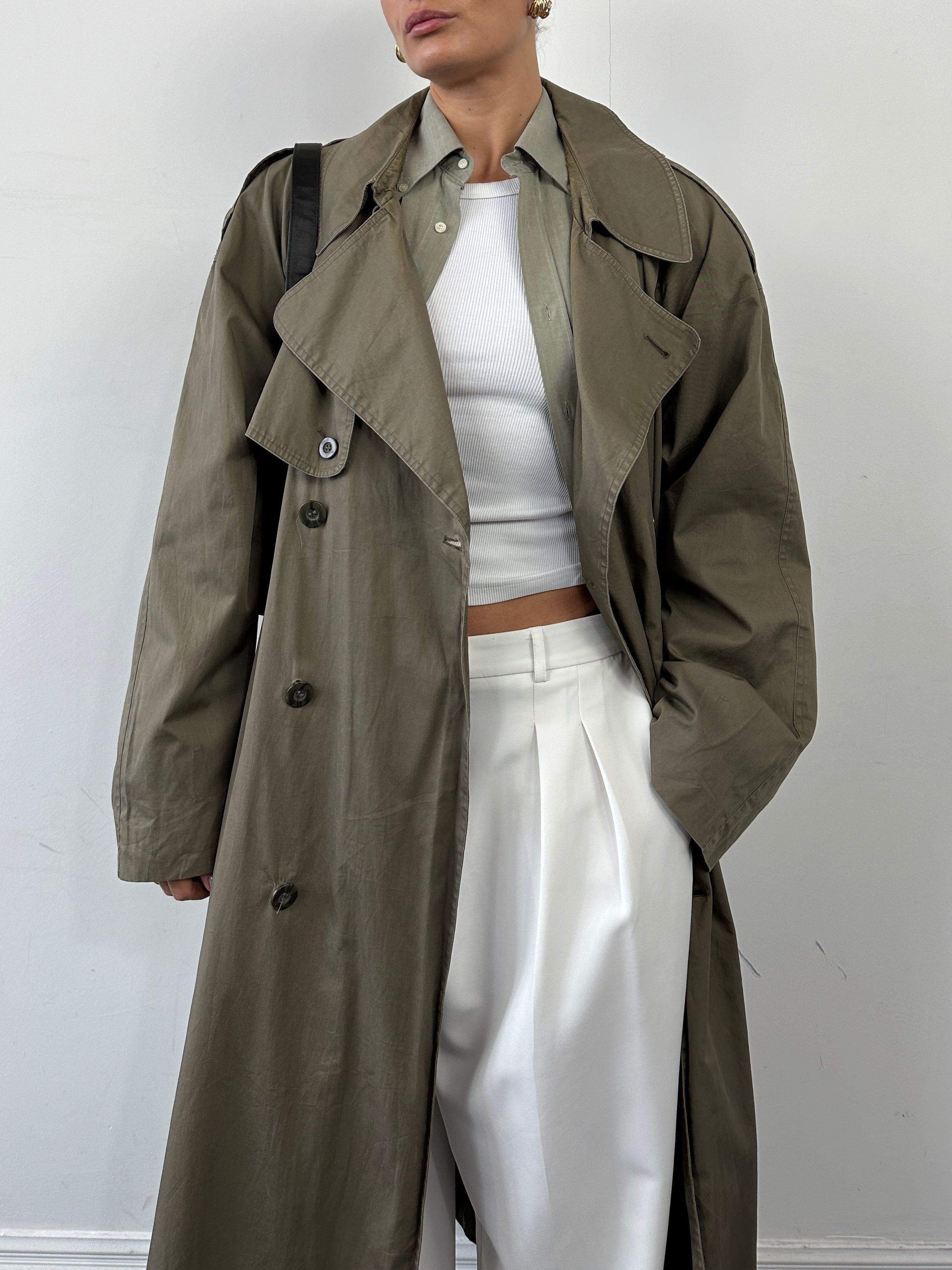 Yves Saint Laurent Pour Homme pure cotton double-breasted belted trench coat in XXL, showing front view with lapels and belt details.