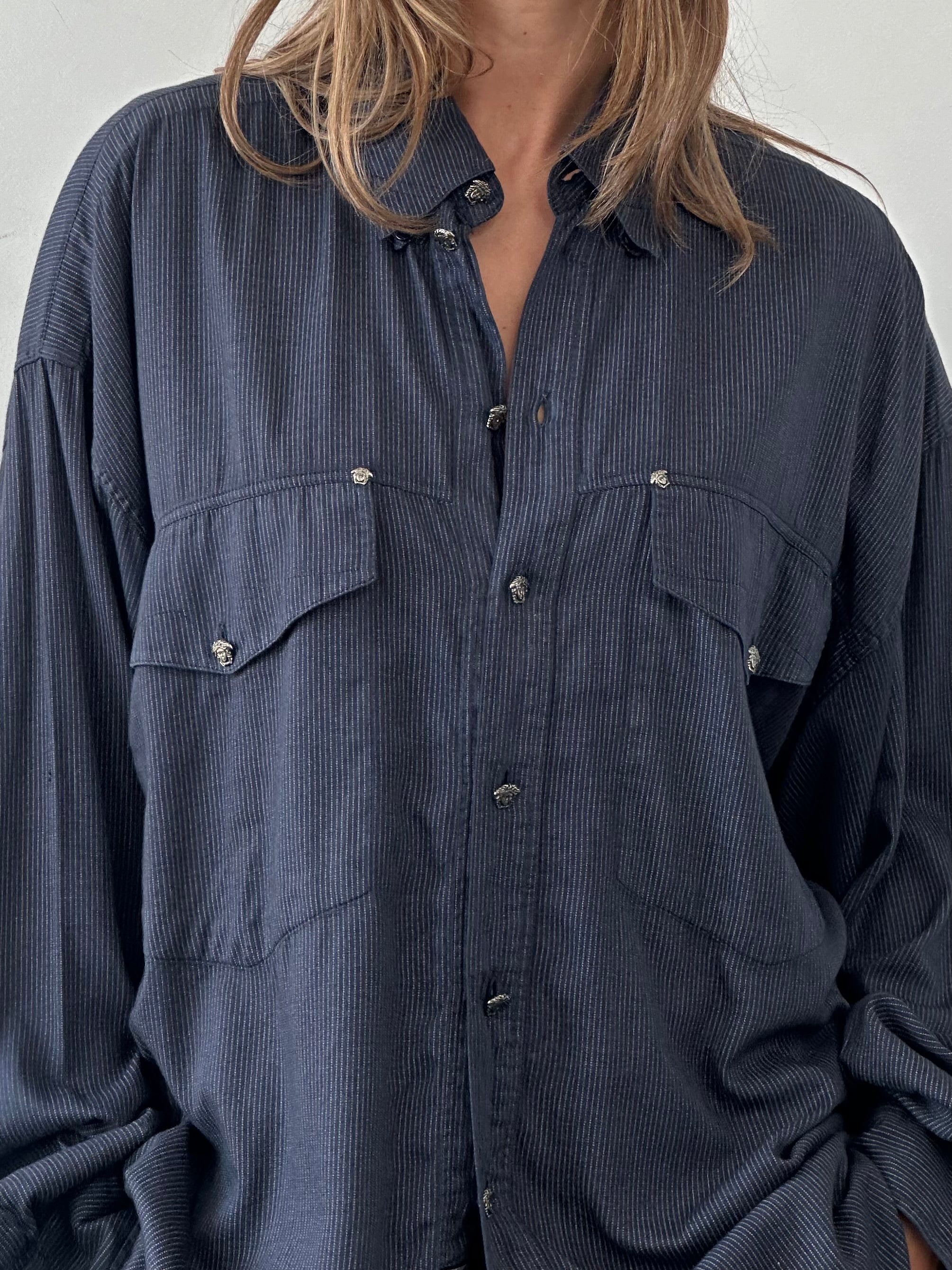 Versace cotton Medusa head pinstripe shirt in XXL with classic collar and button-down front, featuring signature Medusa logo details.