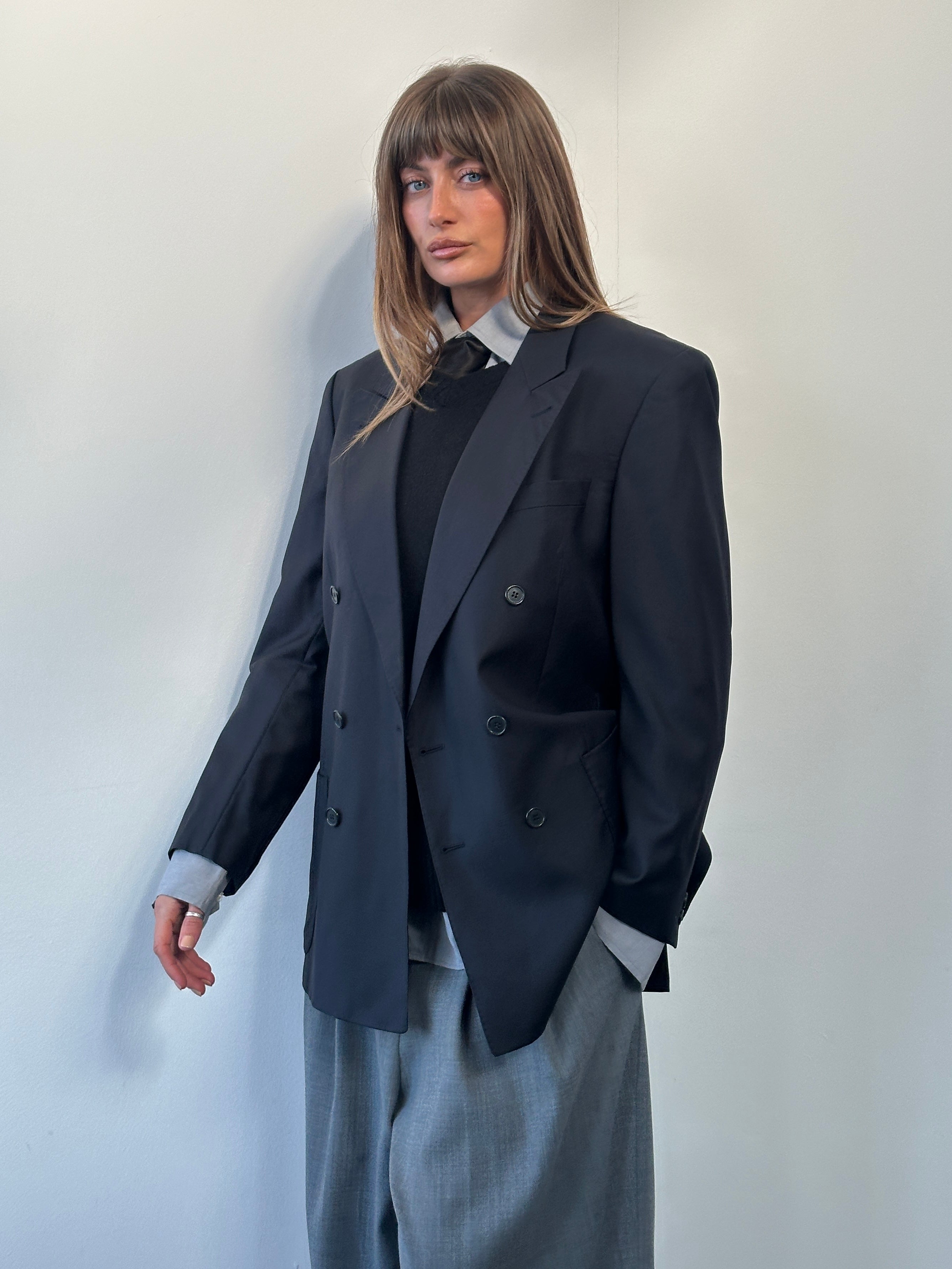 Louis Feraud x Loro Piana 1990s pure wool double-breasted blazer in size 40R/L, tailored fit with classic lapels and button details.