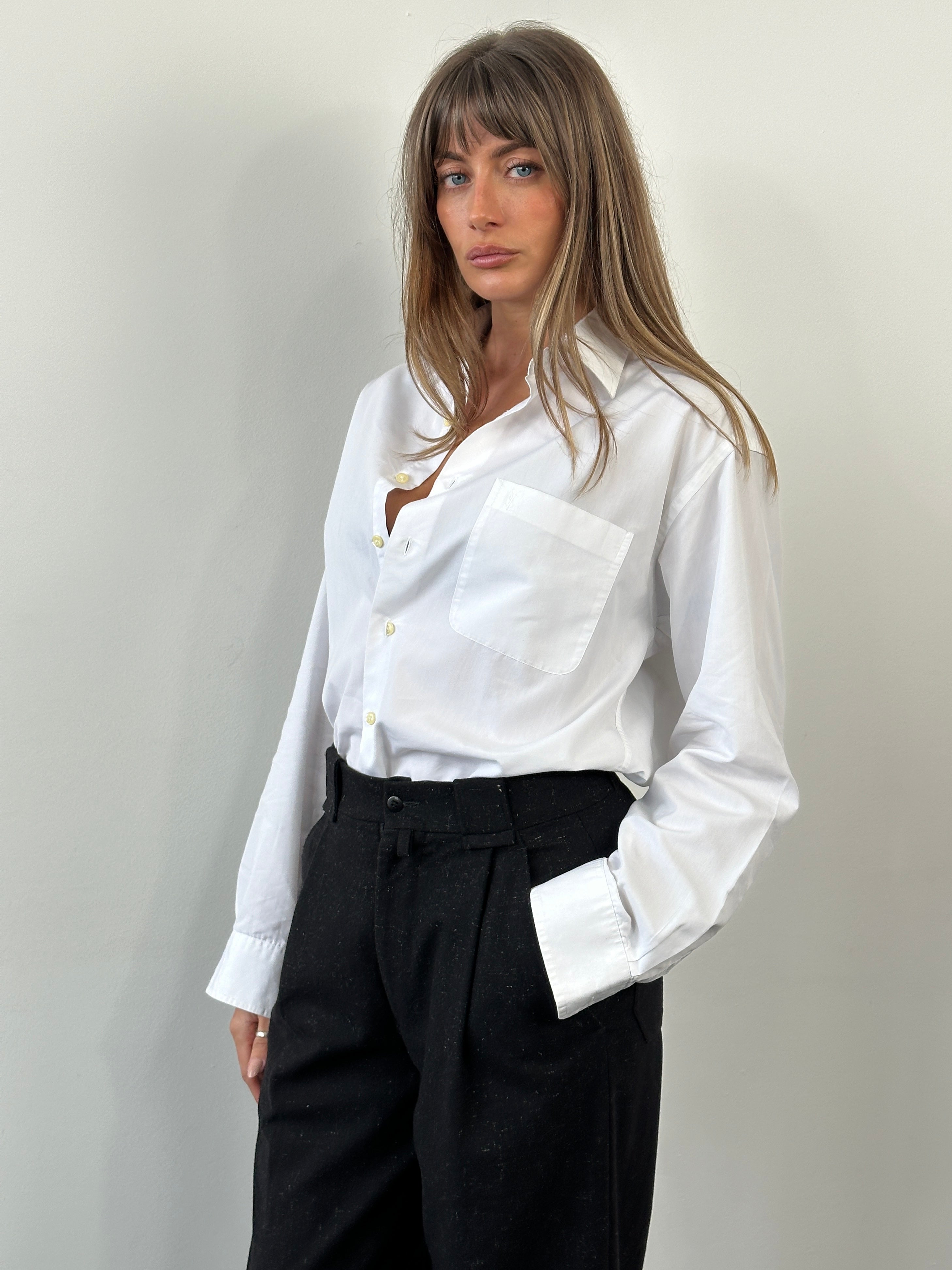 Yves Saint Laurent Pour Homme cotton logo shirt in size M/L, featuring the classic YSL branding on a stylish men's shirt.