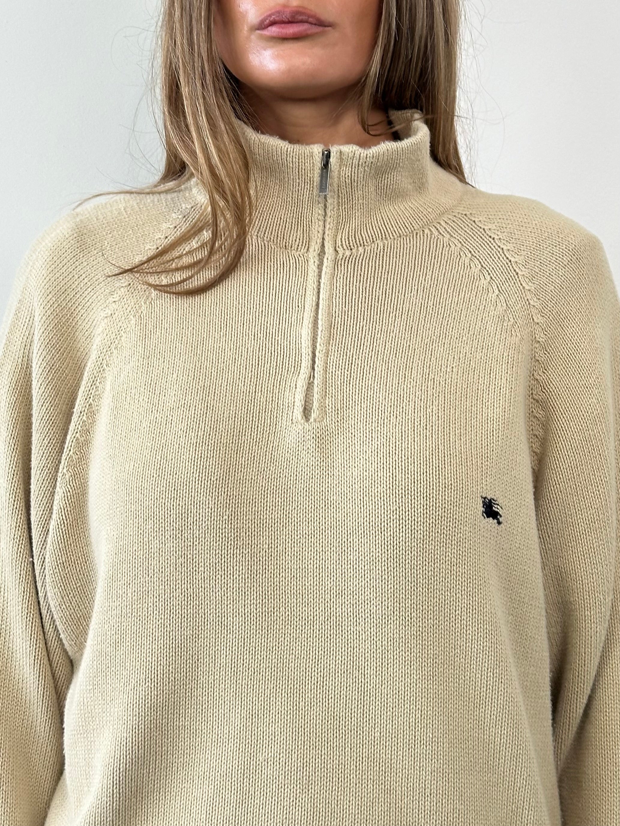 Burberry London pure cotton quarter zip logo jumper in XL, featuring a classic design and the iconic Burberry logo on the chest.