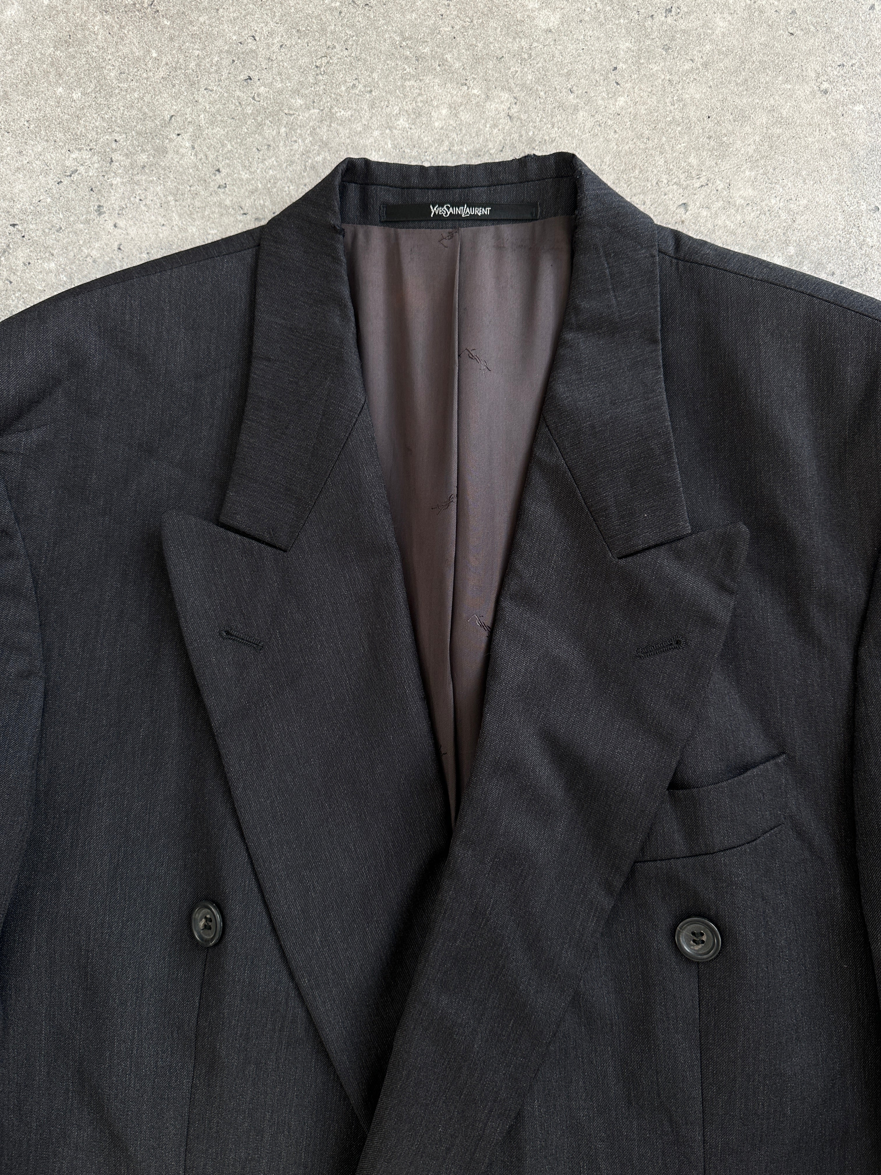 Yves Saint Laurent Pour Homme 1990s wool double-breasted blazer in size 44R/XXL, dark tailored men's blazer with classic design